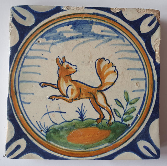 17th Century antique Delft Polychrome Fox Tile, Antique Dutch Collectible (13x13cm) rare