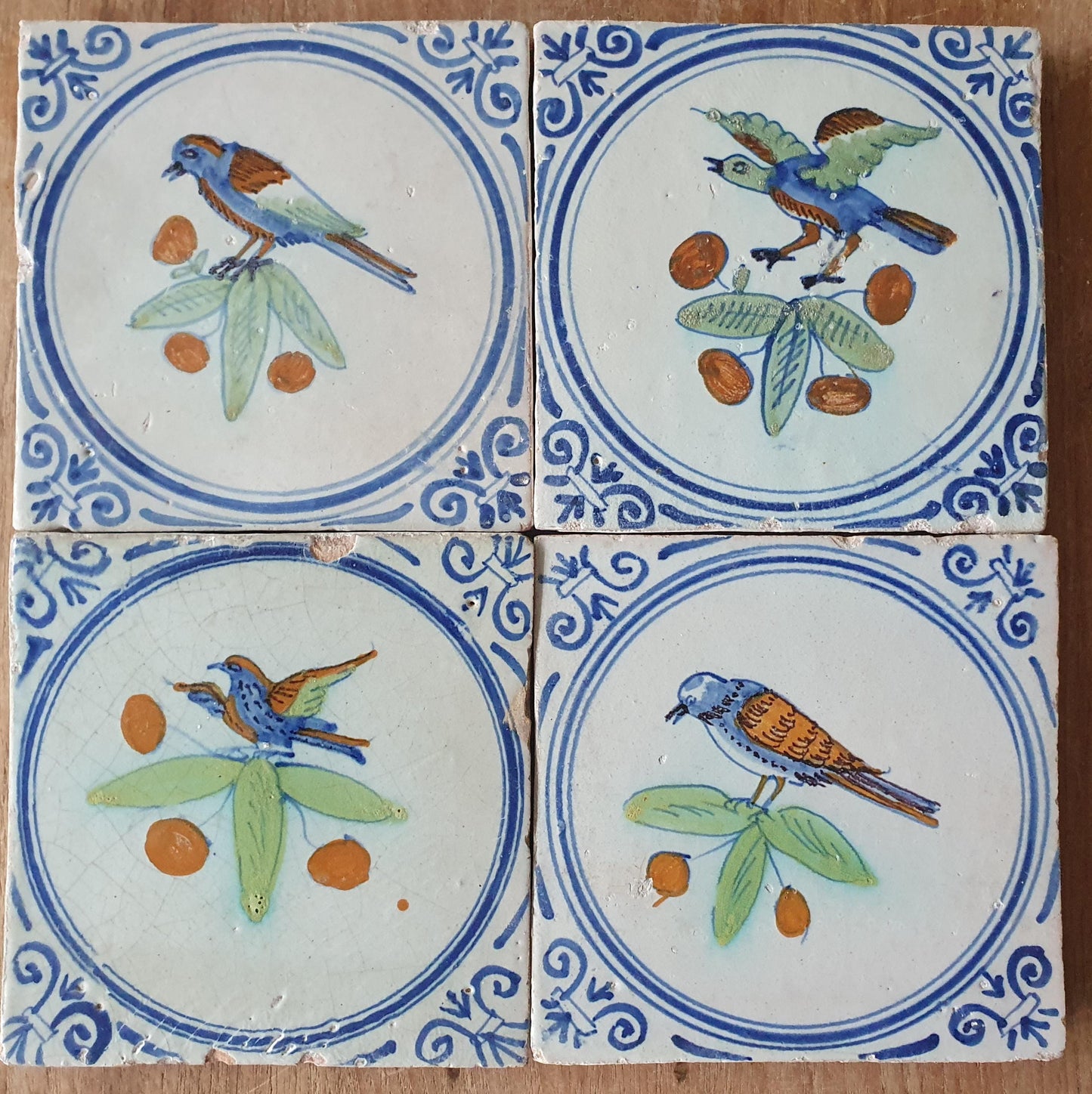 4 Antique Dutch Delft Tiles, Polychrome Birds, Oxhead Motifs