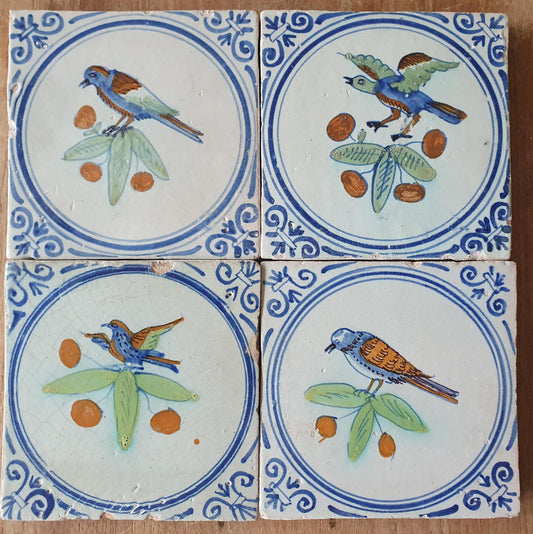 4 Antique Dutch Delft Tiles, Polychrome Birds, Oxhead Motifs