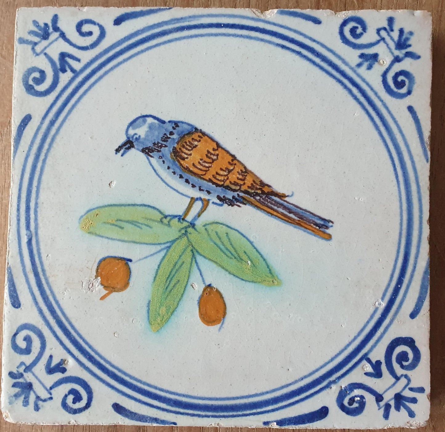 4 Antique Dutch Delft Tiles, Polychrome Birds, Oxhead Motifs