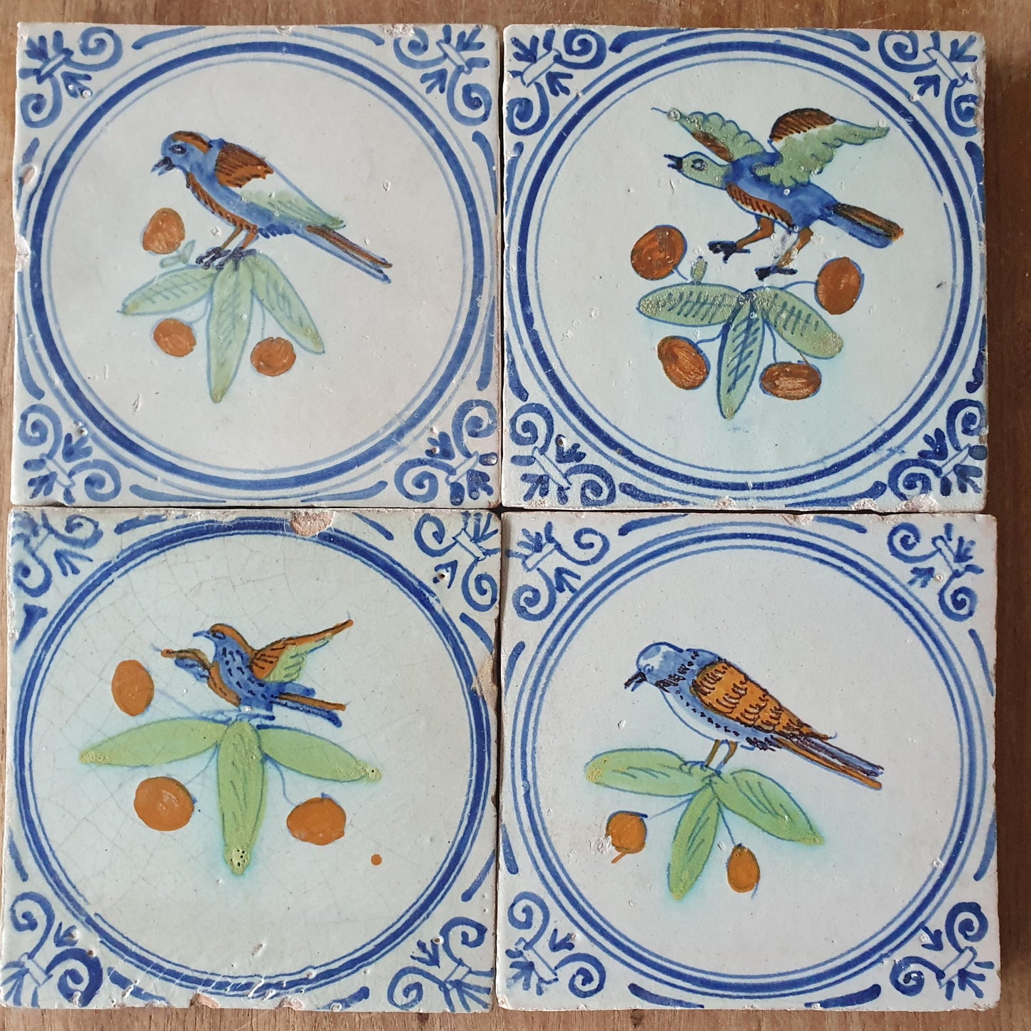 4 Antique Dutch Delft Tiles, Polychrome Birds, Oxhead Motifs