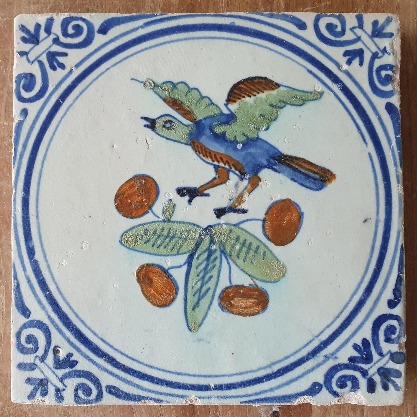 4 Antique Dutch Delft Tiles, Polychrome Birds, Oxhead Motifs