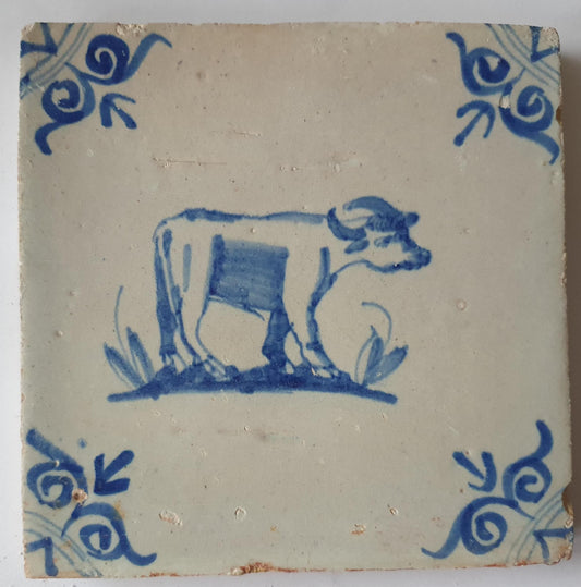 Antique Delft Tile: 17th Century Bull, Dutch Golden Age