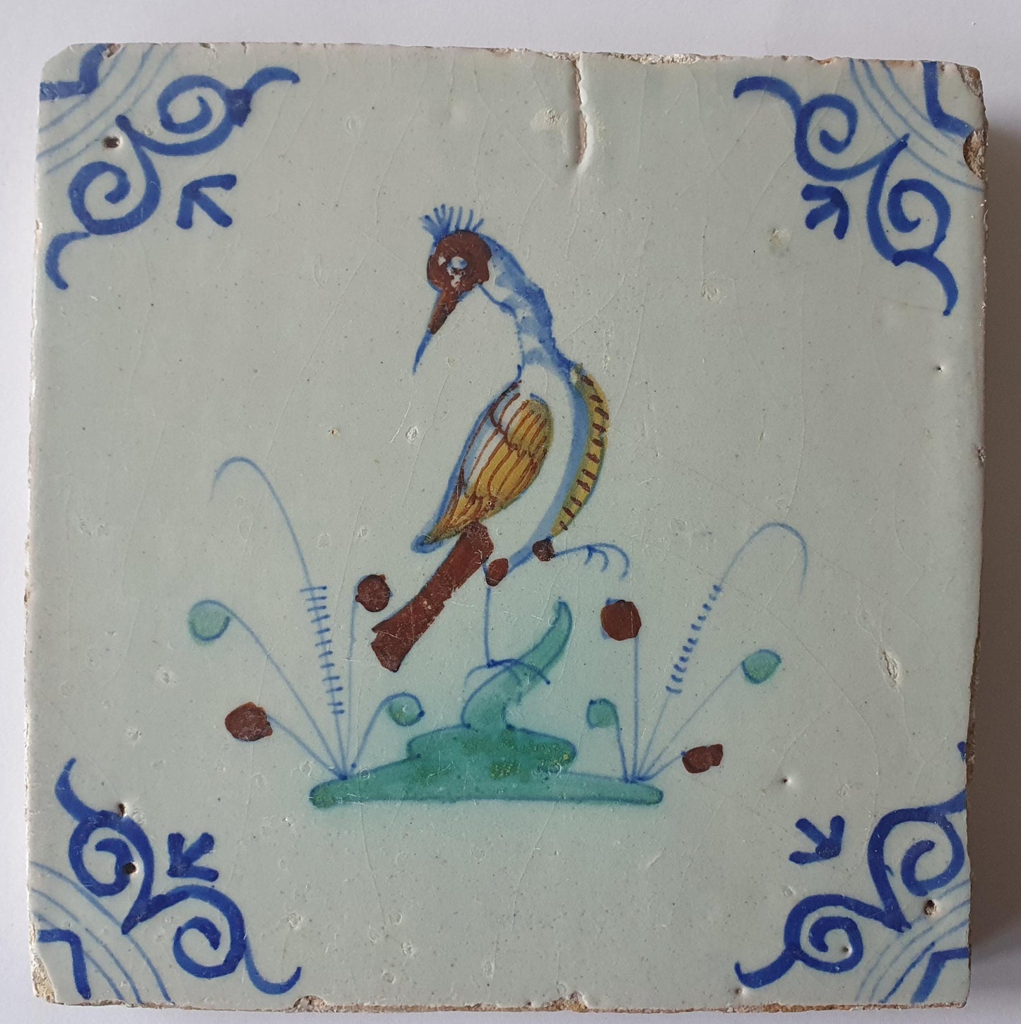 This Delft tile was made aroun 1640 and depicts a Lapwing kind of bird.
