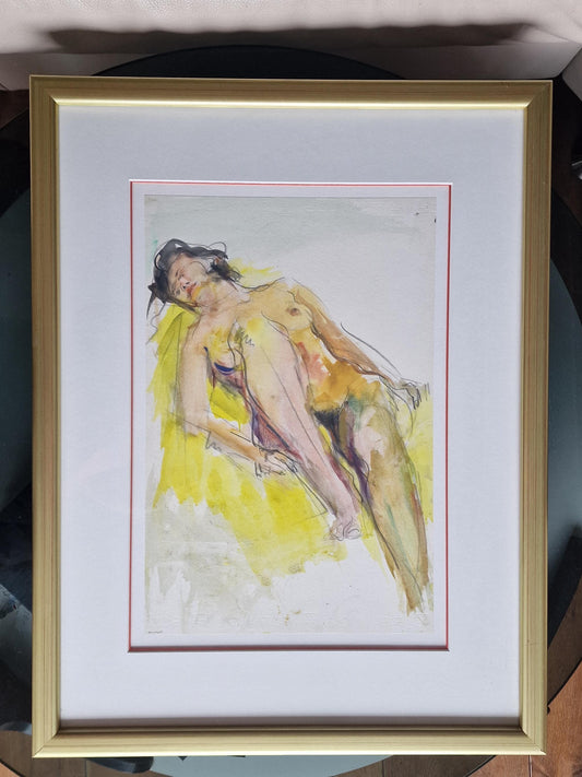 Bob ten Hoope Nude Watercolor Painting – Vintage Reclining Figure, Framed