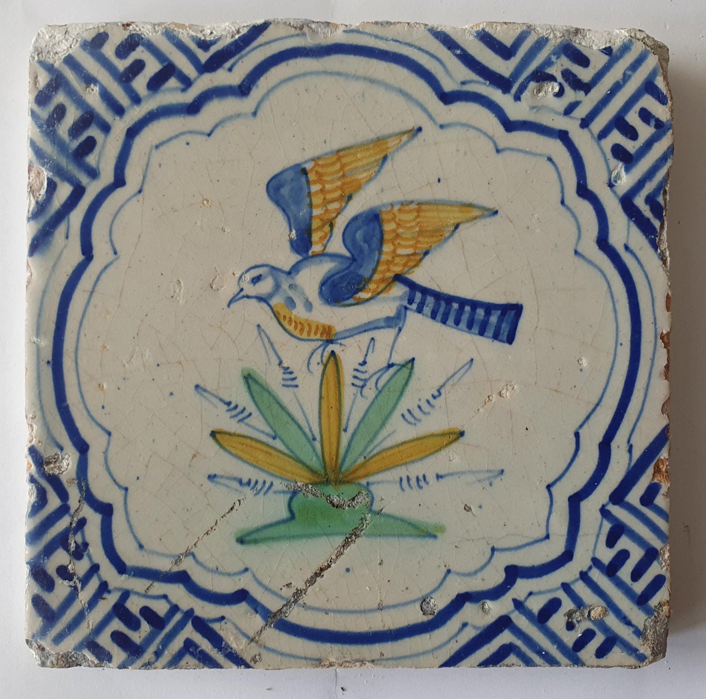 Antique Delft Tile, Flying Bird, Dutch Majolica, c. 1640 wan-li meander corner depiction