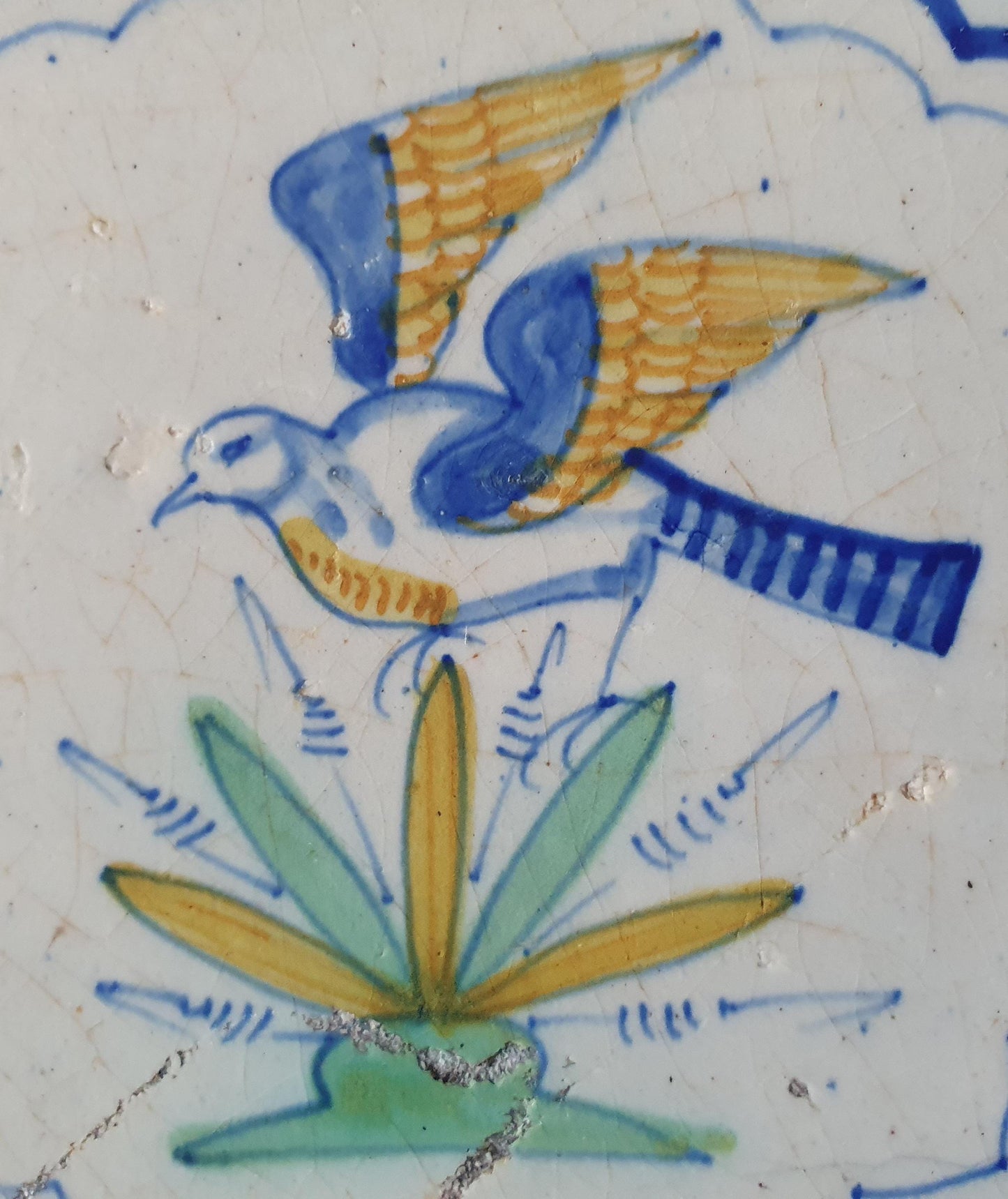 Antique Delft Tile, Flying Bird, Dutch Majolica, c. 1640 wan-li meander corner depiction