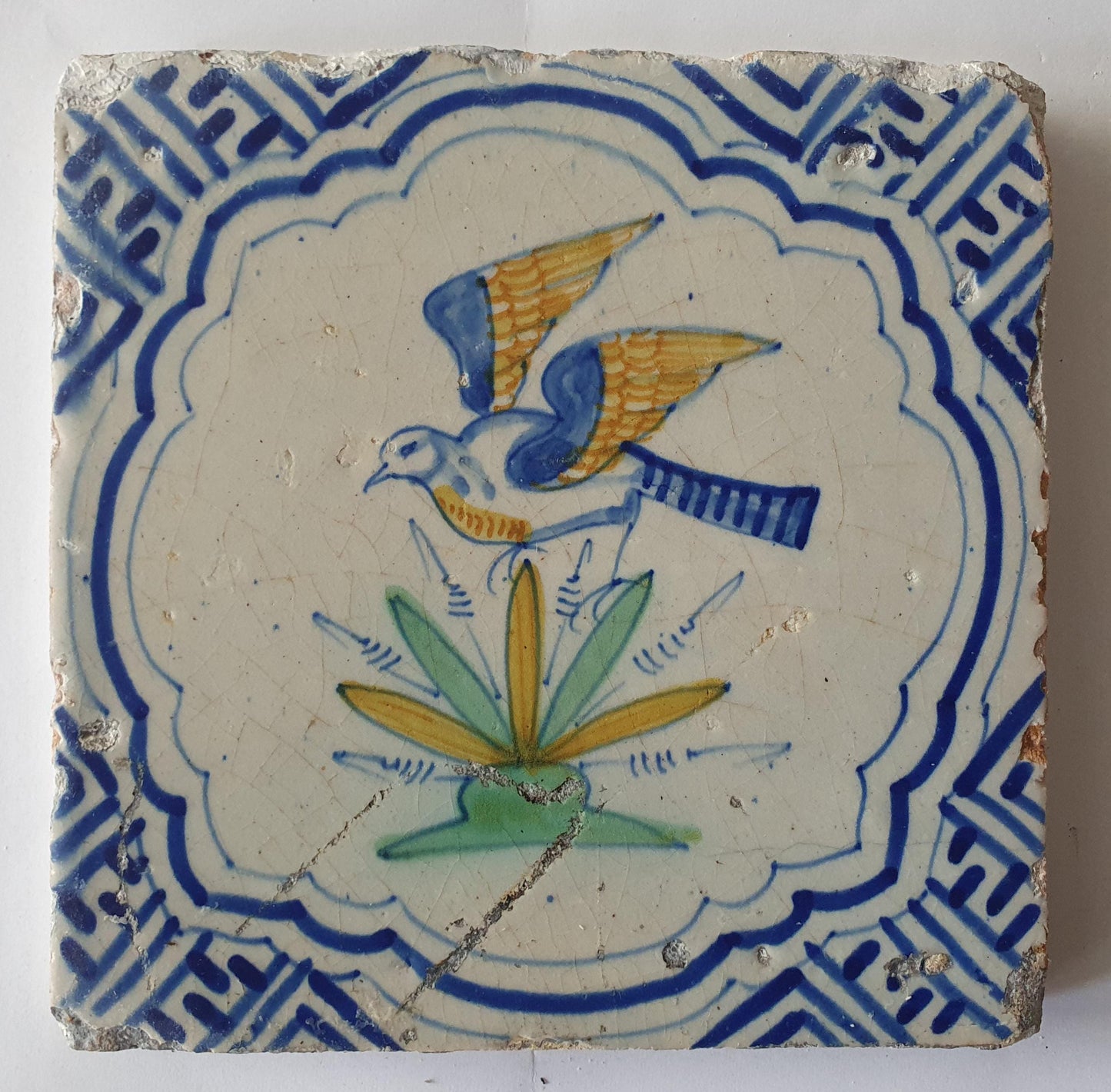 Antique Delft Tile, Flying Bird, Dutch Majolica, c. 1640 wan-li meander corner depiction
