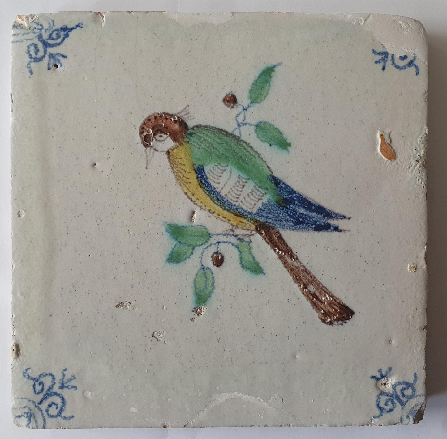 Antique Delft 17th century Tile, Colorful Bird, Dutch Majolica, circa 1640