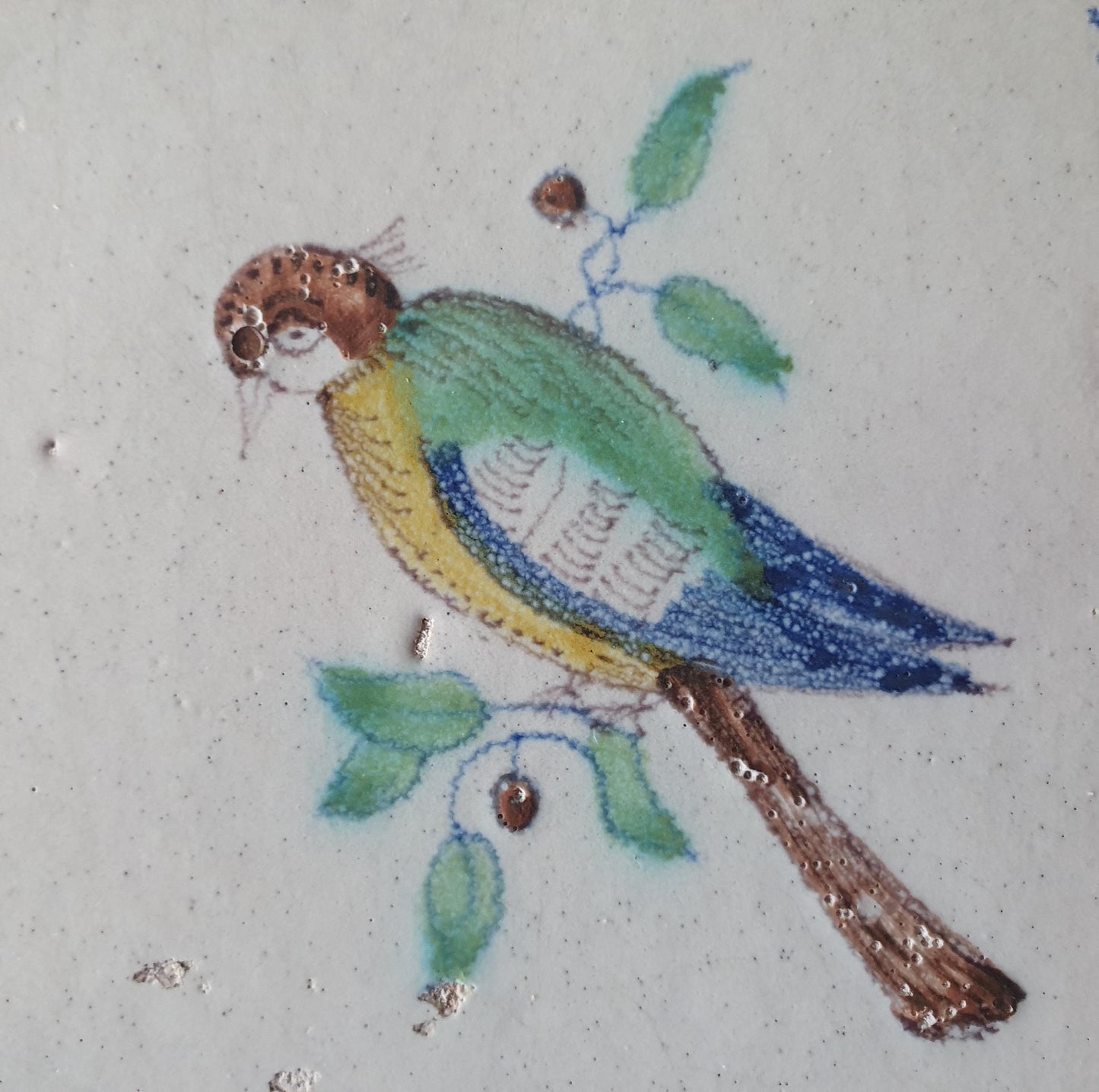 Antique Delft 17th century Tile, Colorful Bird, Dutch Majolica, circa 1640