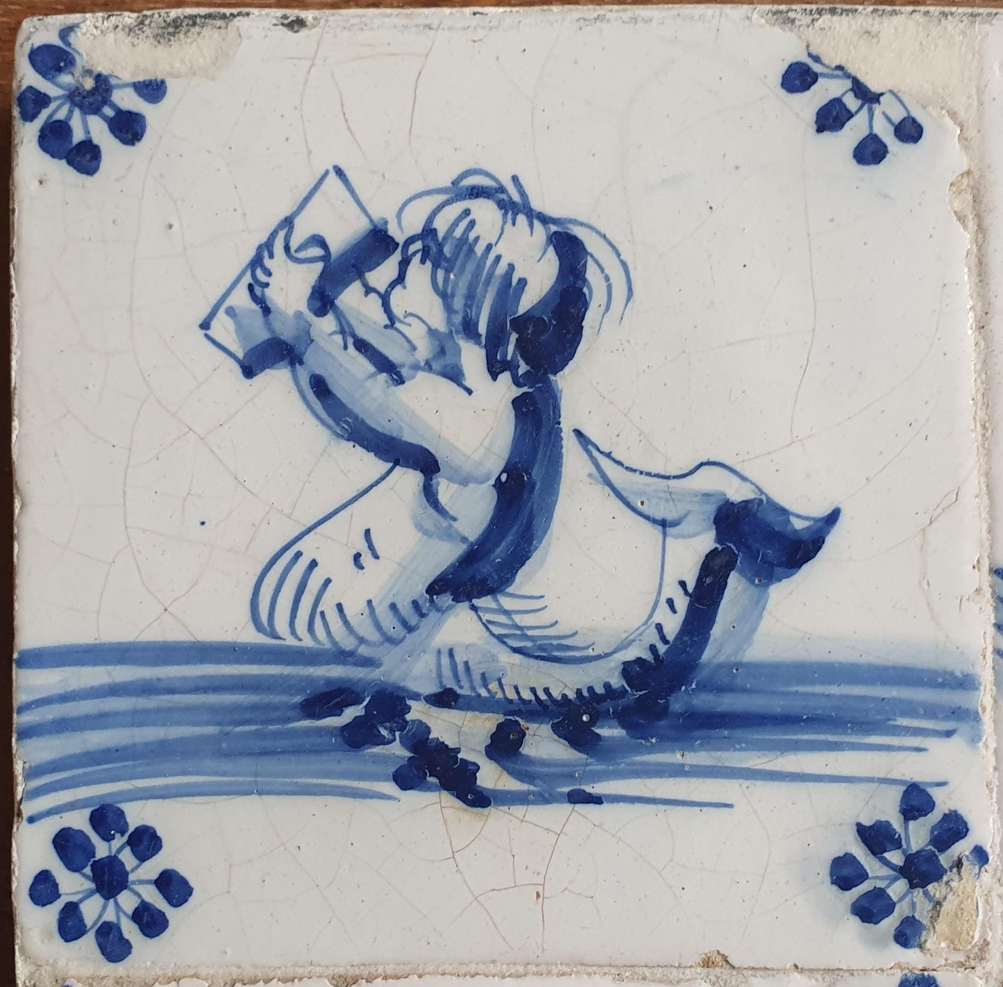 Antique Dutch mermaid  Delft Tiles, 17th Century, Sea Monsters, Set of 4