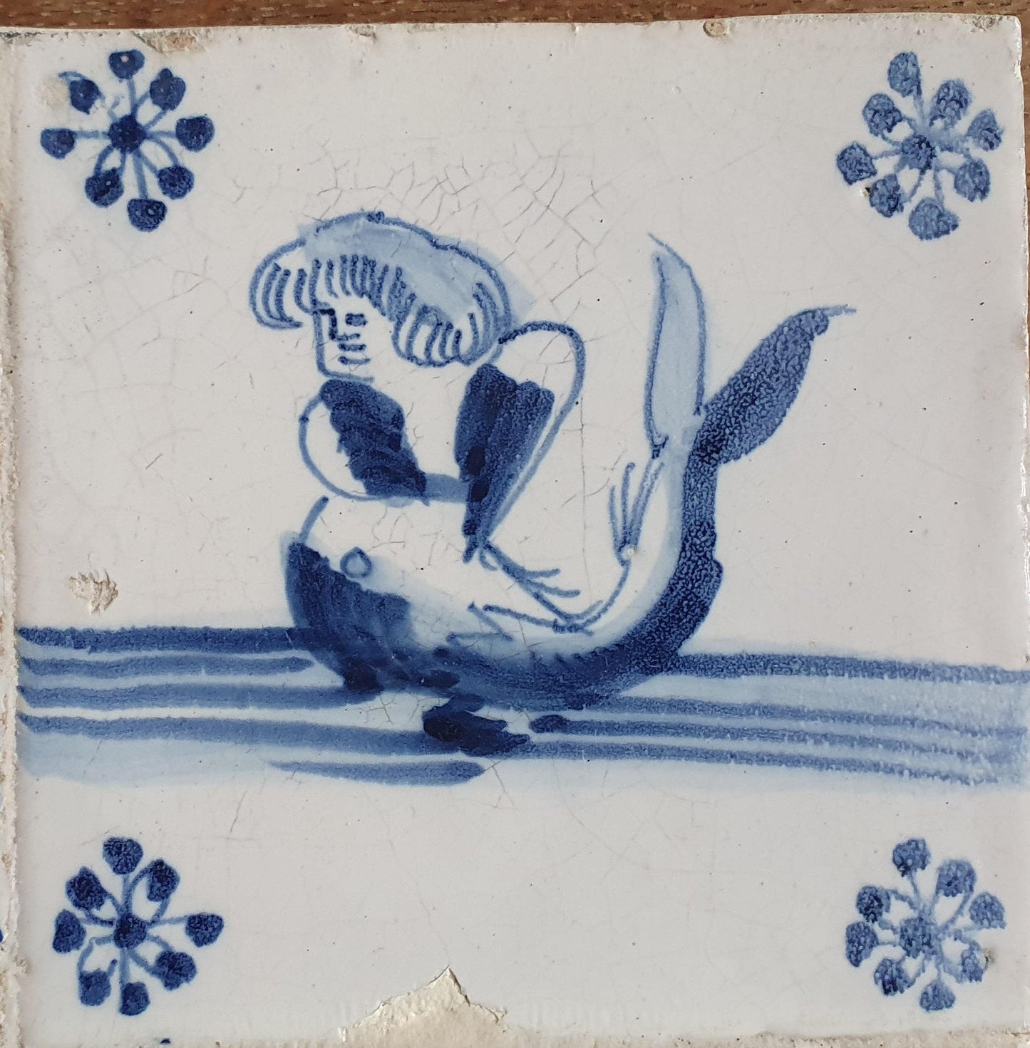 Antique Dutch mermaid  Delft Tiles, 17th Century, Sea Monsters, Set of 4
