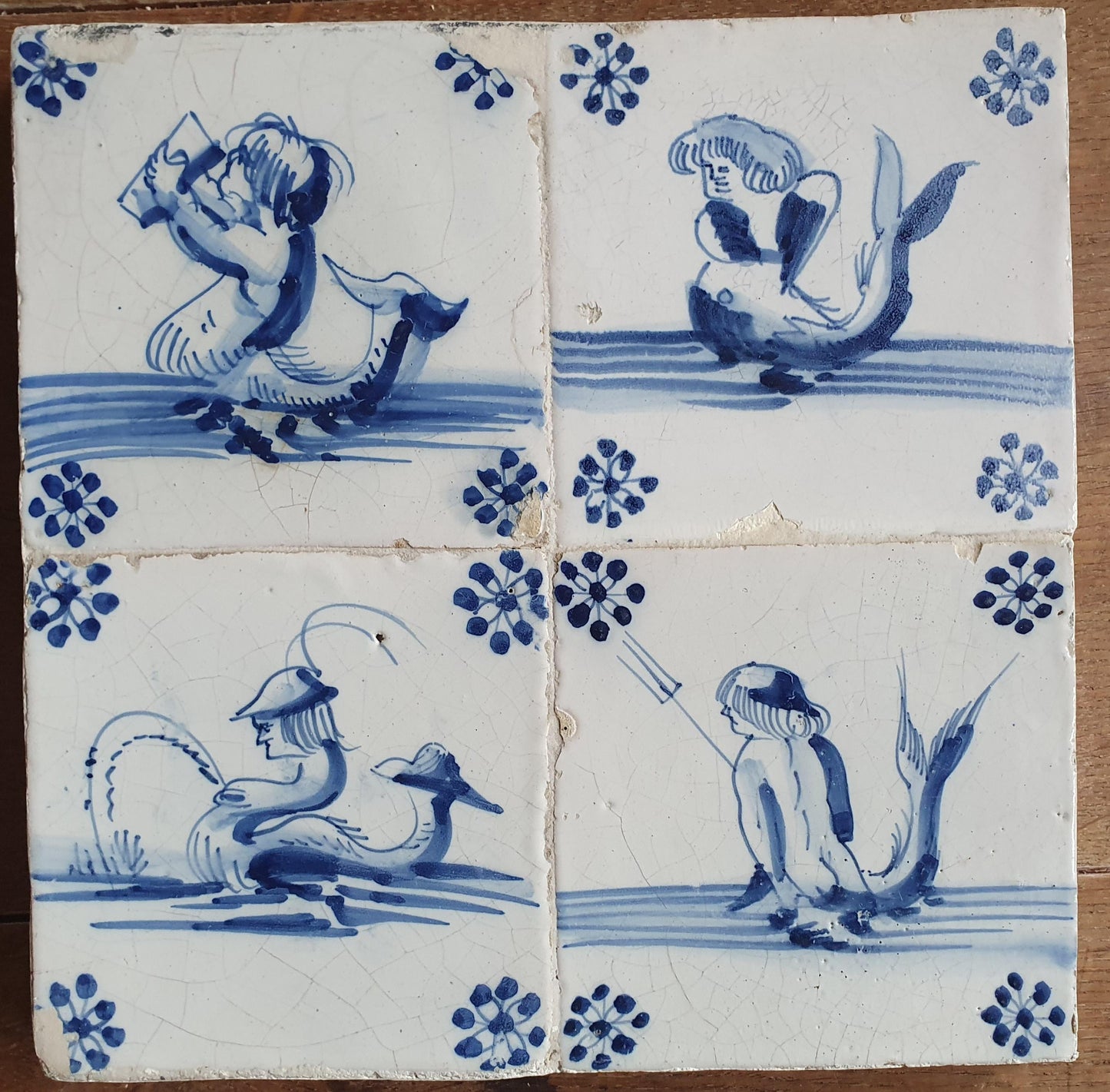 Antique Dutch mermaid  Delft Tiles, 17th Century, Sea Monsters, Set of 4