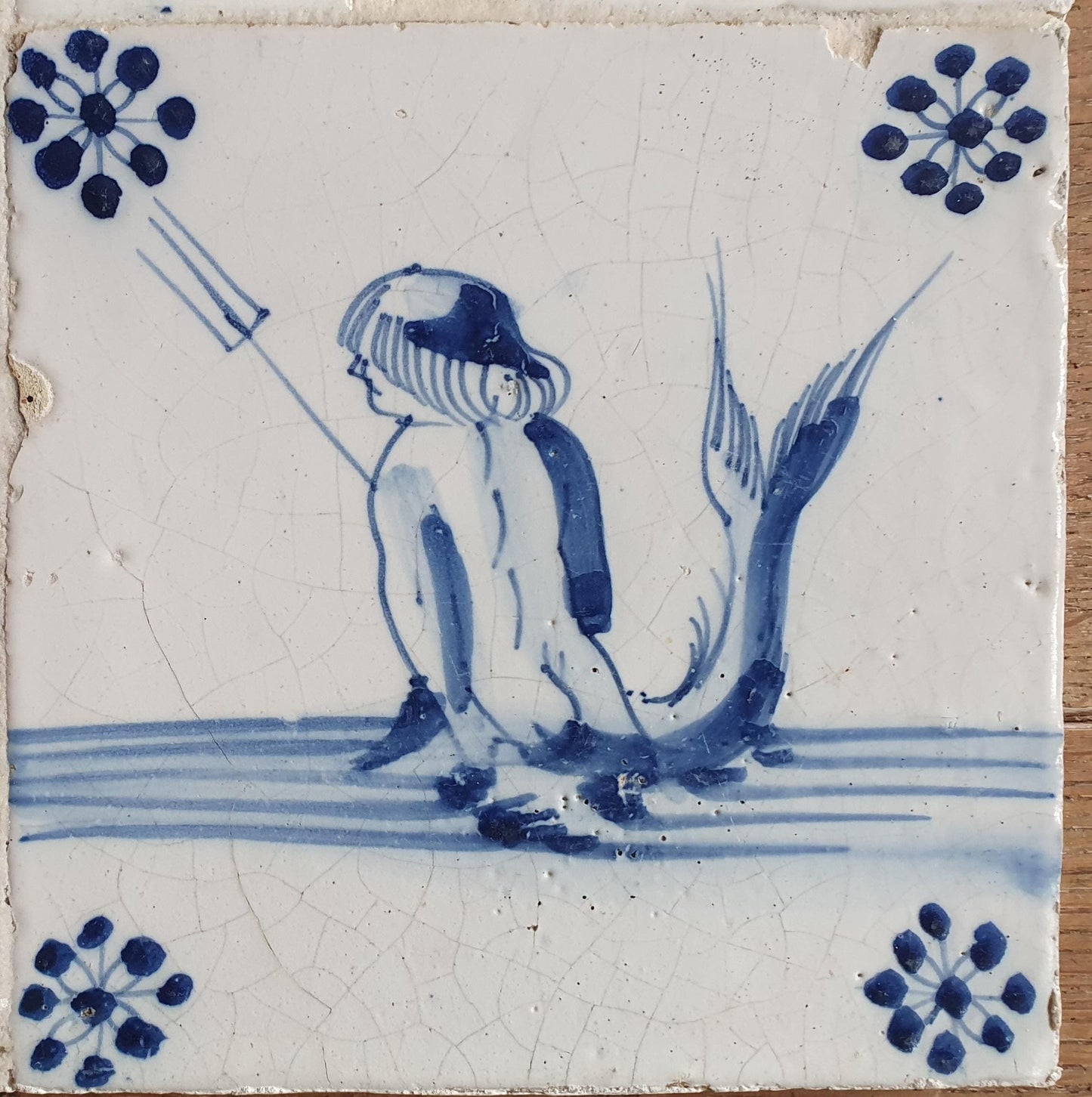 Antique Dutch mermaid  Delft Tiles, 17th Century, Sea Monsters, Set of 4