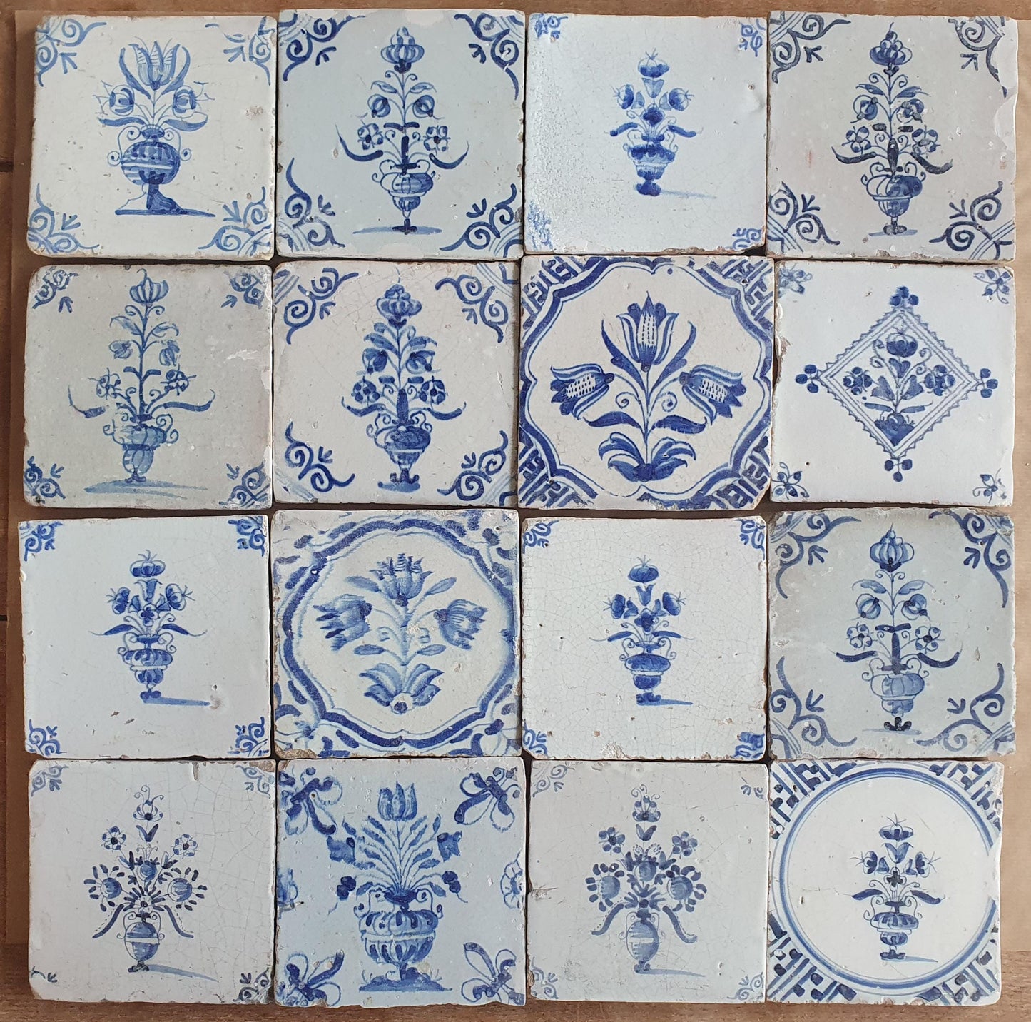 16 Antique Delft Tiles, 17th Century Dutch Tilefield, Tulip Decor (13x13 cm)