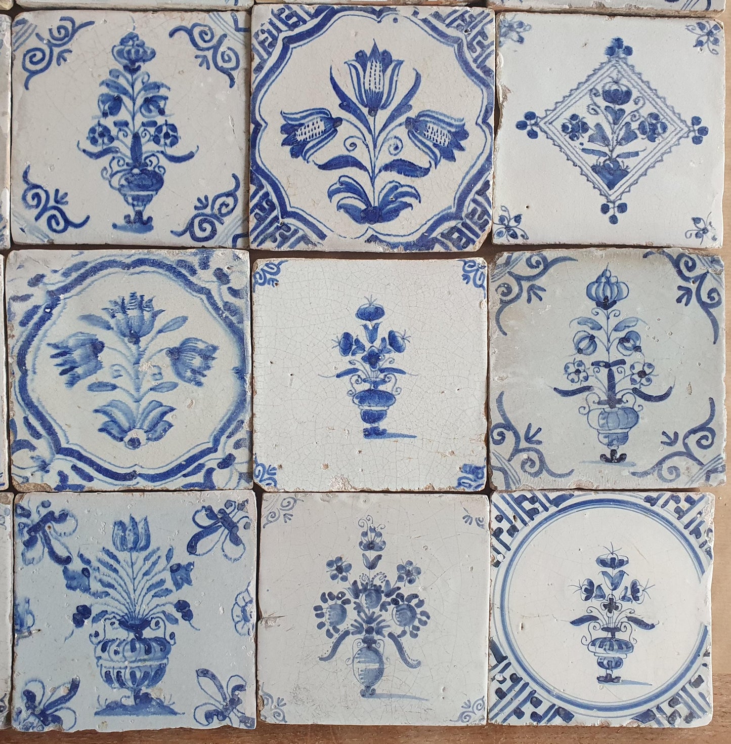16 Antique Delft Tiles, 17th Century Dutch Tilefield, Tulip Decor (13x13 cm)