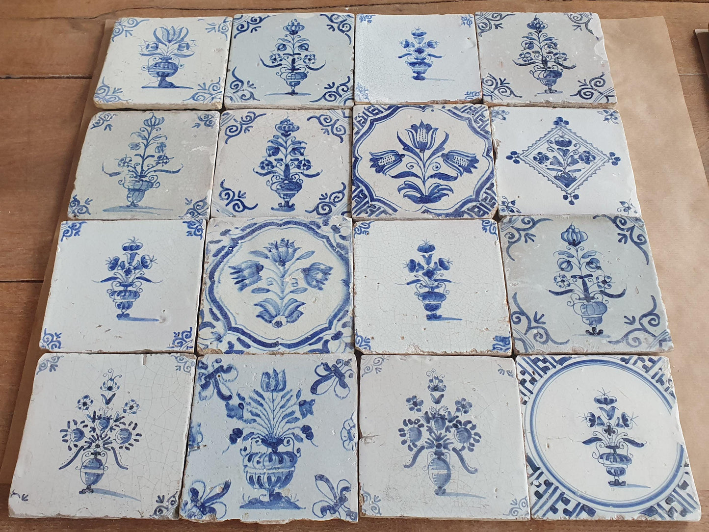 16 Antique Delft Tiles, 17th Century Dutch Tilefield, Tulip Decor (13x13 cm)