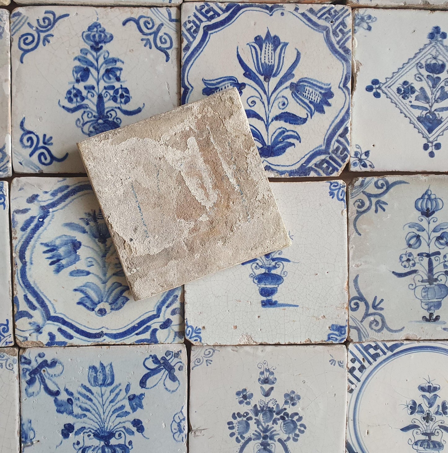 16 Antique Delft Tiles, 17th Century Dutch Tilefield, Tulip Decor (13x13 cm)