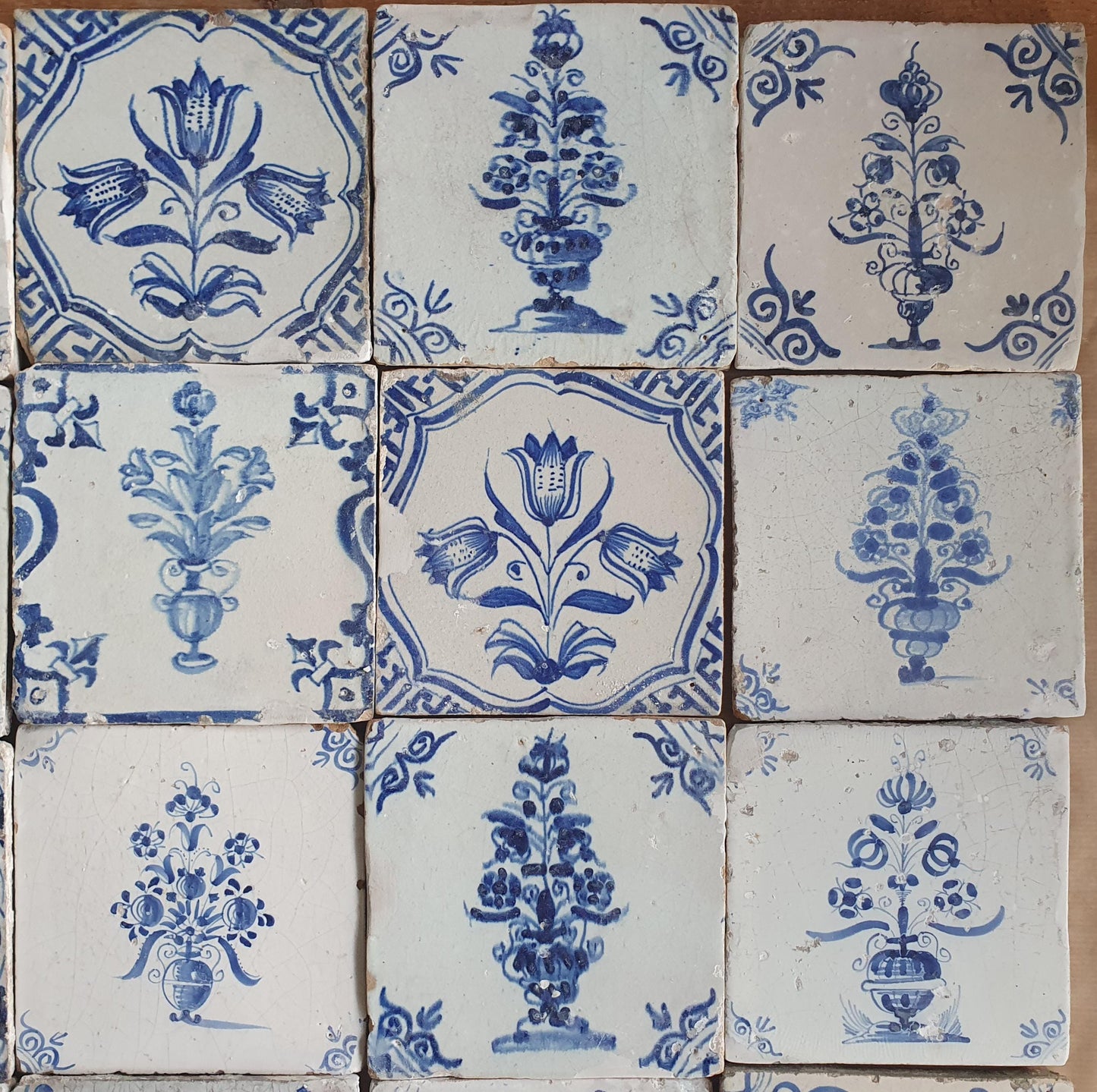 Antique Delft Tulip Tiles, 17th Century Dutch Tilefield (16pc) Around 1640