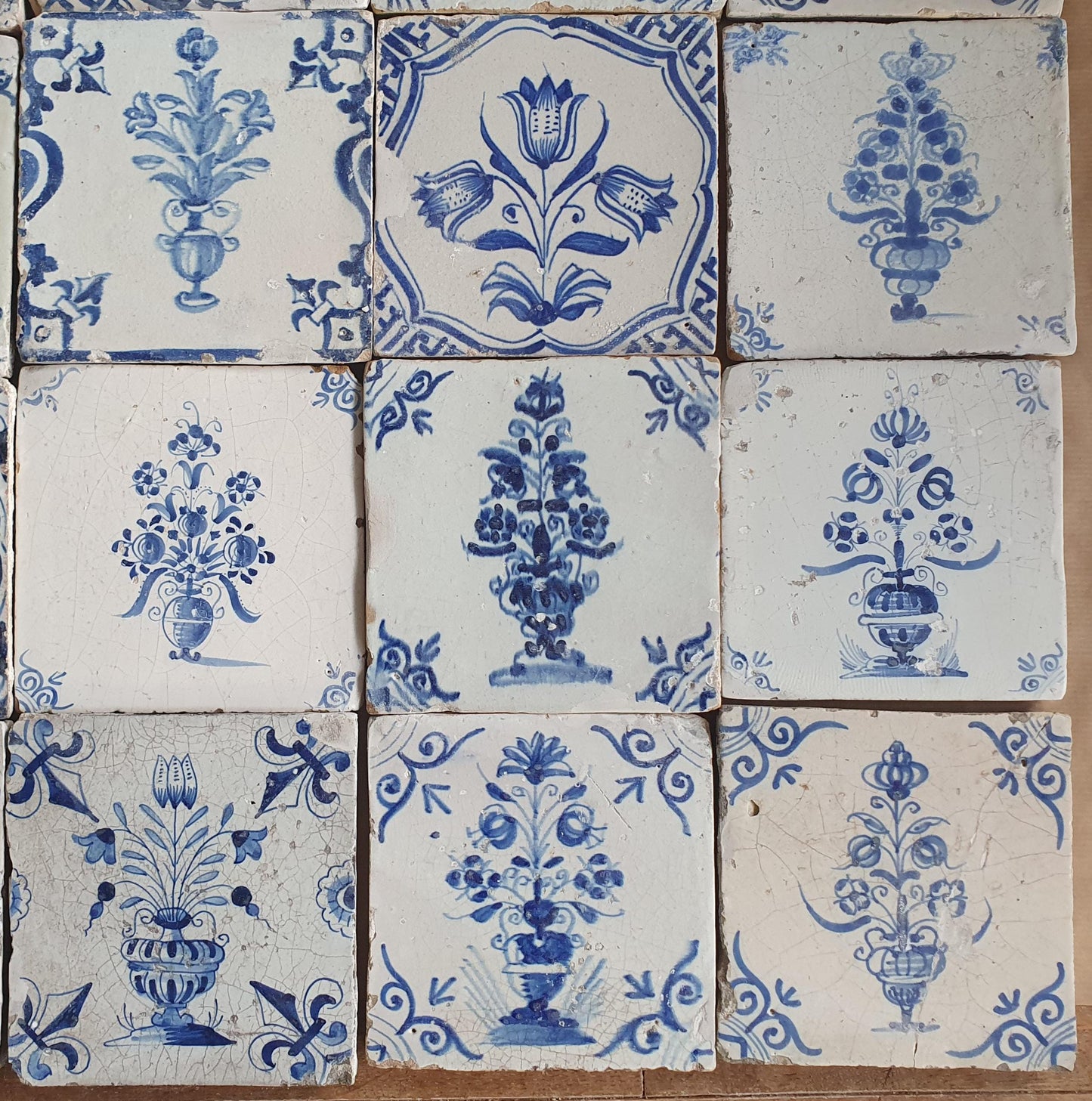 Antique Delft Tulip Tiles, 17th Century Dutch Tilefield (16pc) Around 1640