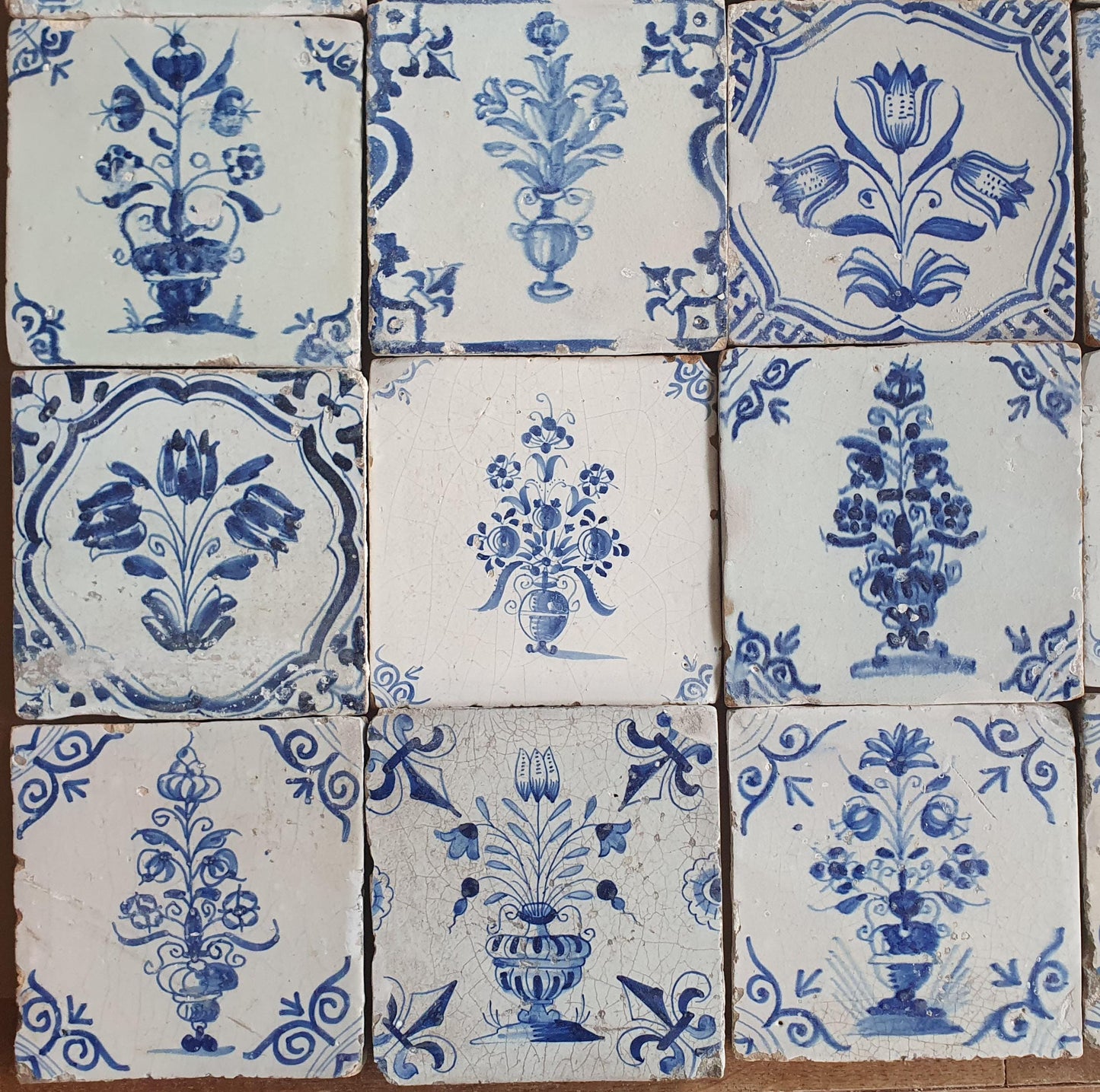 Antique Delft Tulip Tiles, 17th Century Dutch Tilefield (16pc) Around 1640
