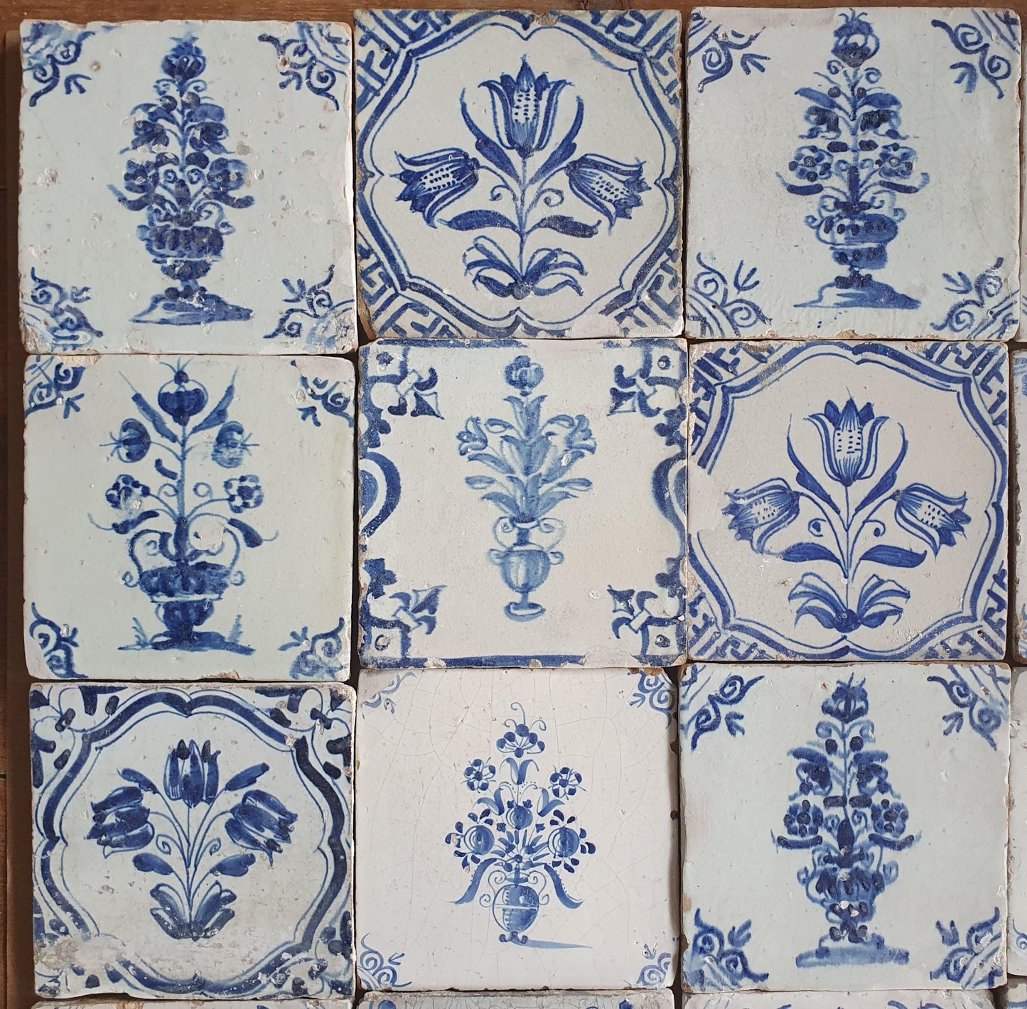 Antique Delft Tulip Tiles, 17th Century Dutch Tilefield (16pc) Around 1640
