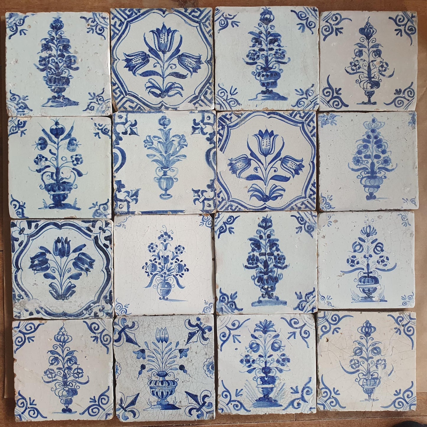 Antique Delft Tulip Tiles, 17th Century Dutch Tilefield (16pc) Around 1640