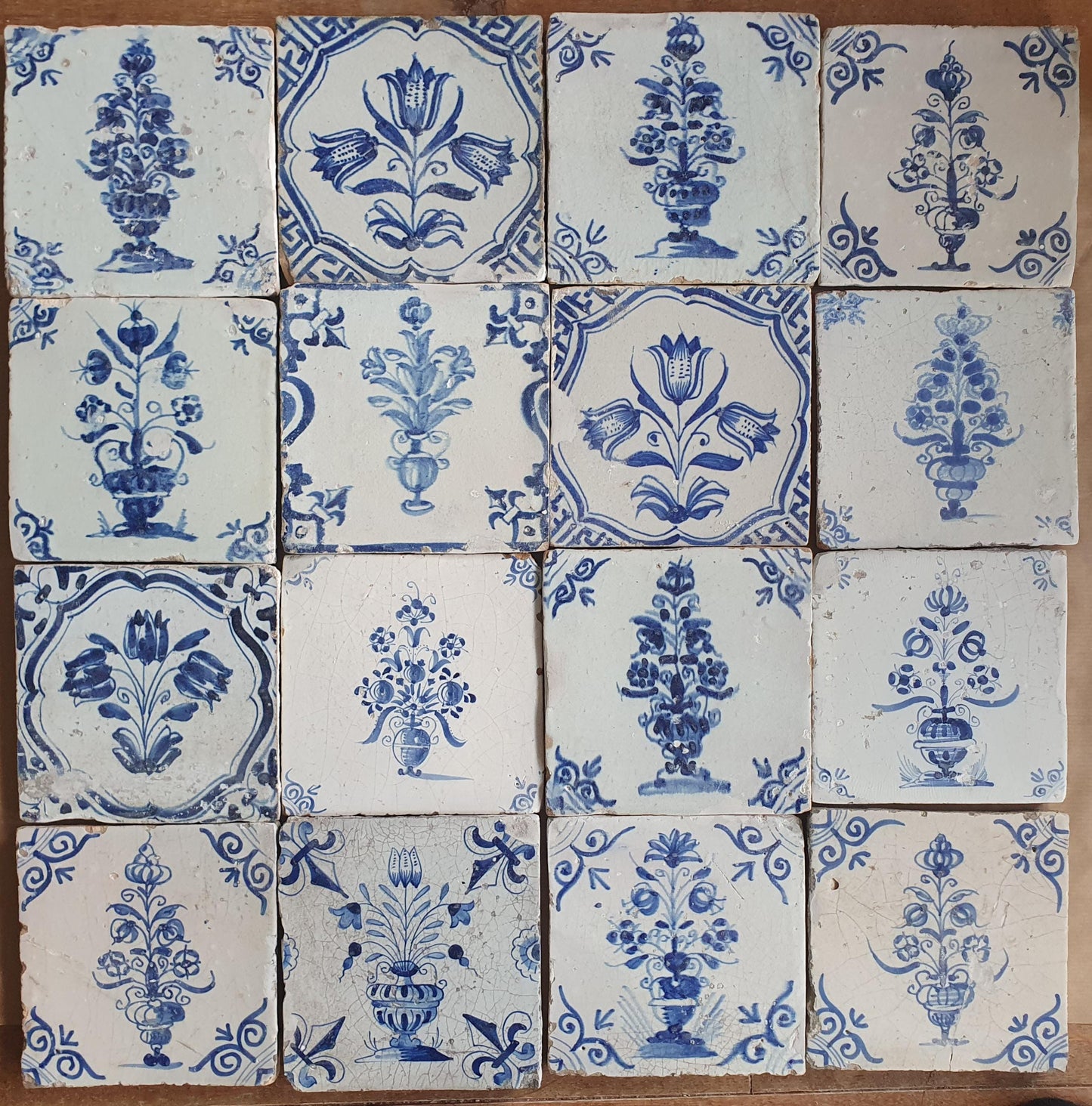Antique Delft Tulip Tiles, 17th Century Dutch Tilefield (16pc) Around 1640