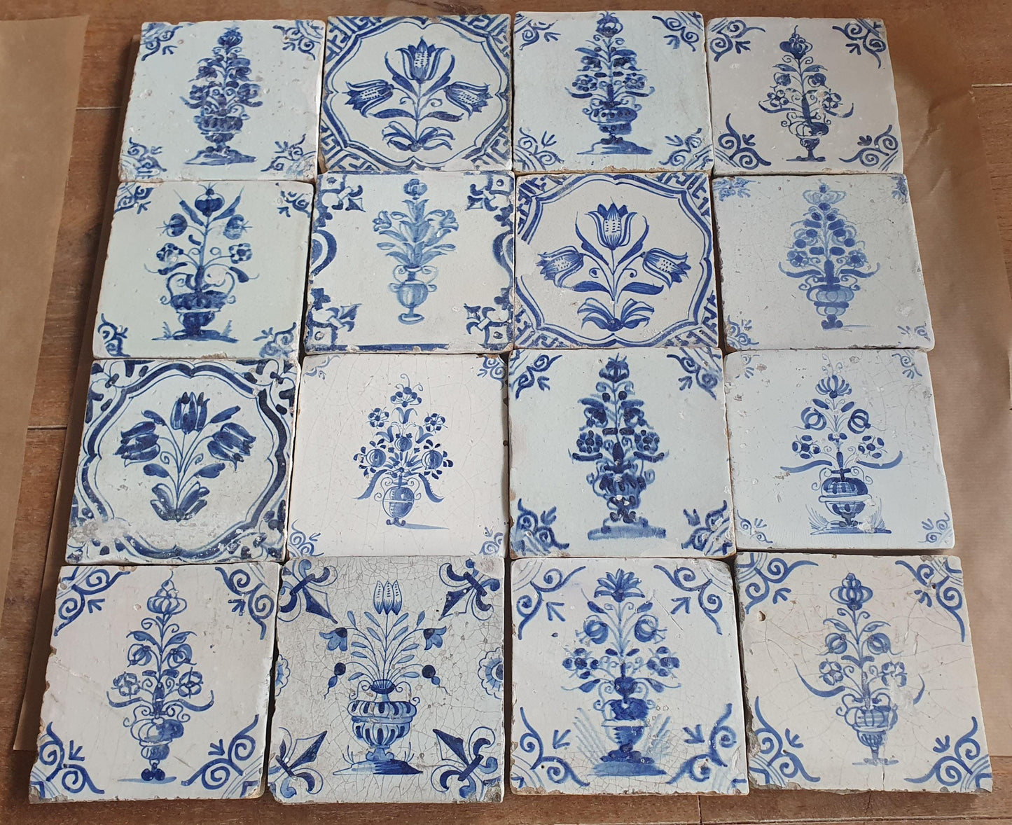 Antique Delft Tulip Tiles, 17th Century Dutch Tilefield (16pc) Around 1640