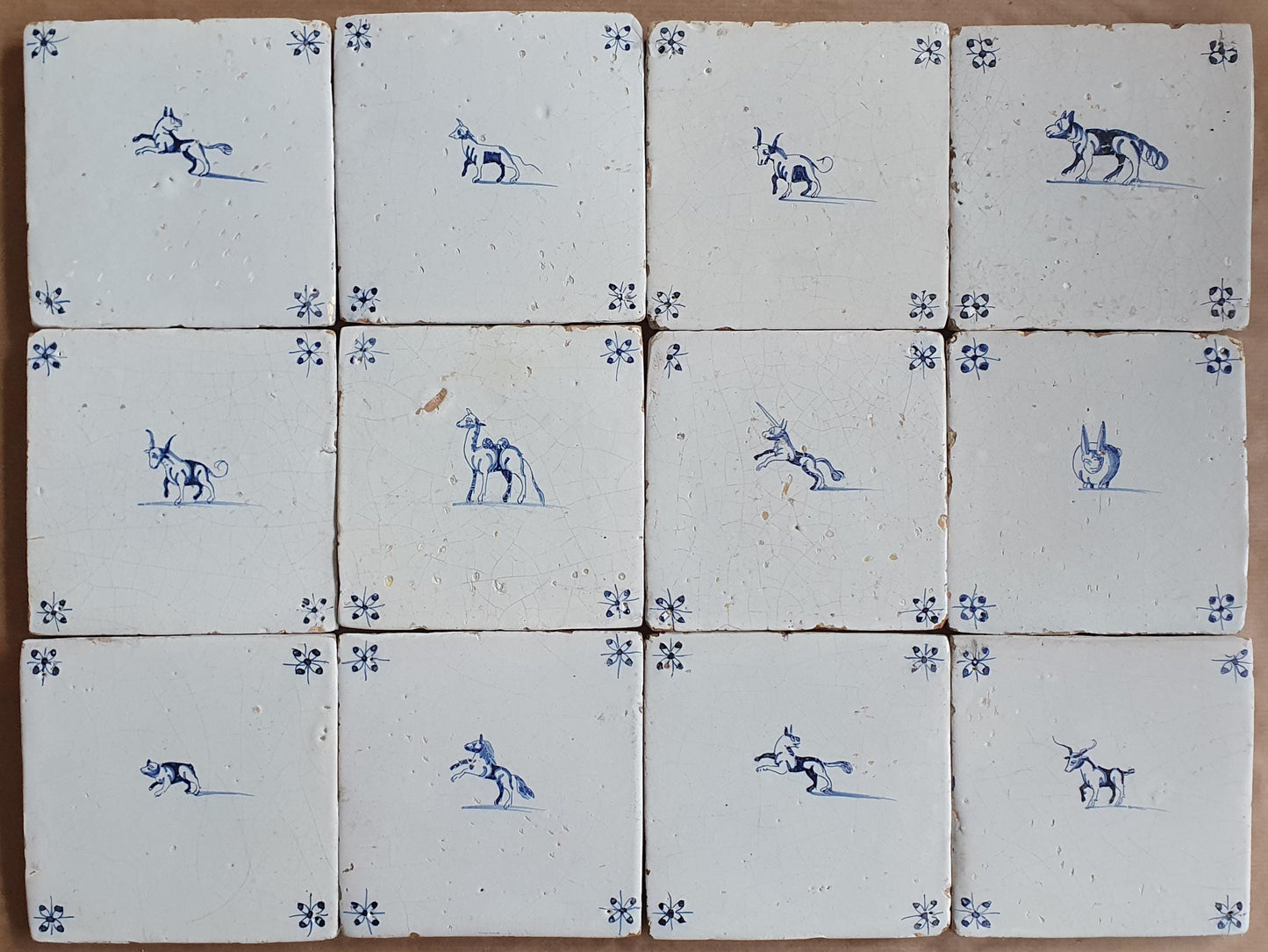 Antique Delft Tiles, 17th Century Dutch Animal Motifs, Set of 12
