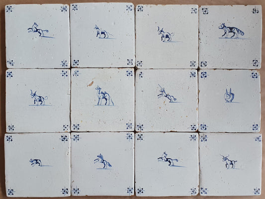 Antique Delft Tiles, 17th Century Dutch Animal Motifs, Set of 12