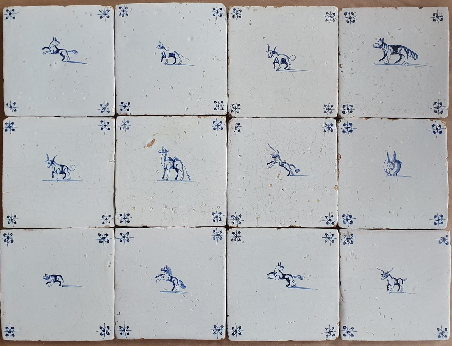 Antique Delft Tiles, 17th Century Dutch Animal Motifs, Set of 12
