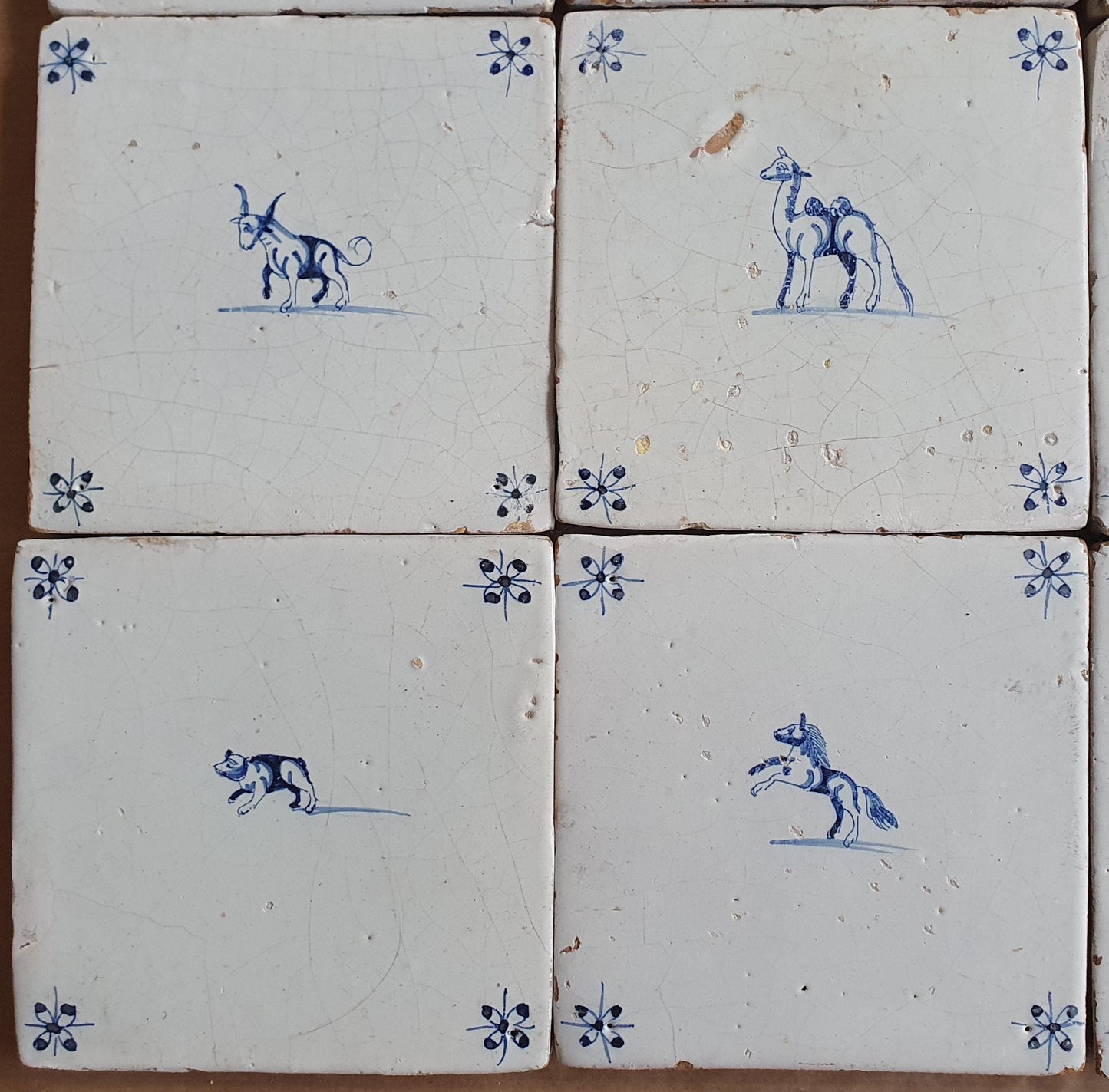 Antique Delft Tiles, 17th Century Dutch Animal Motifs, Set of 12