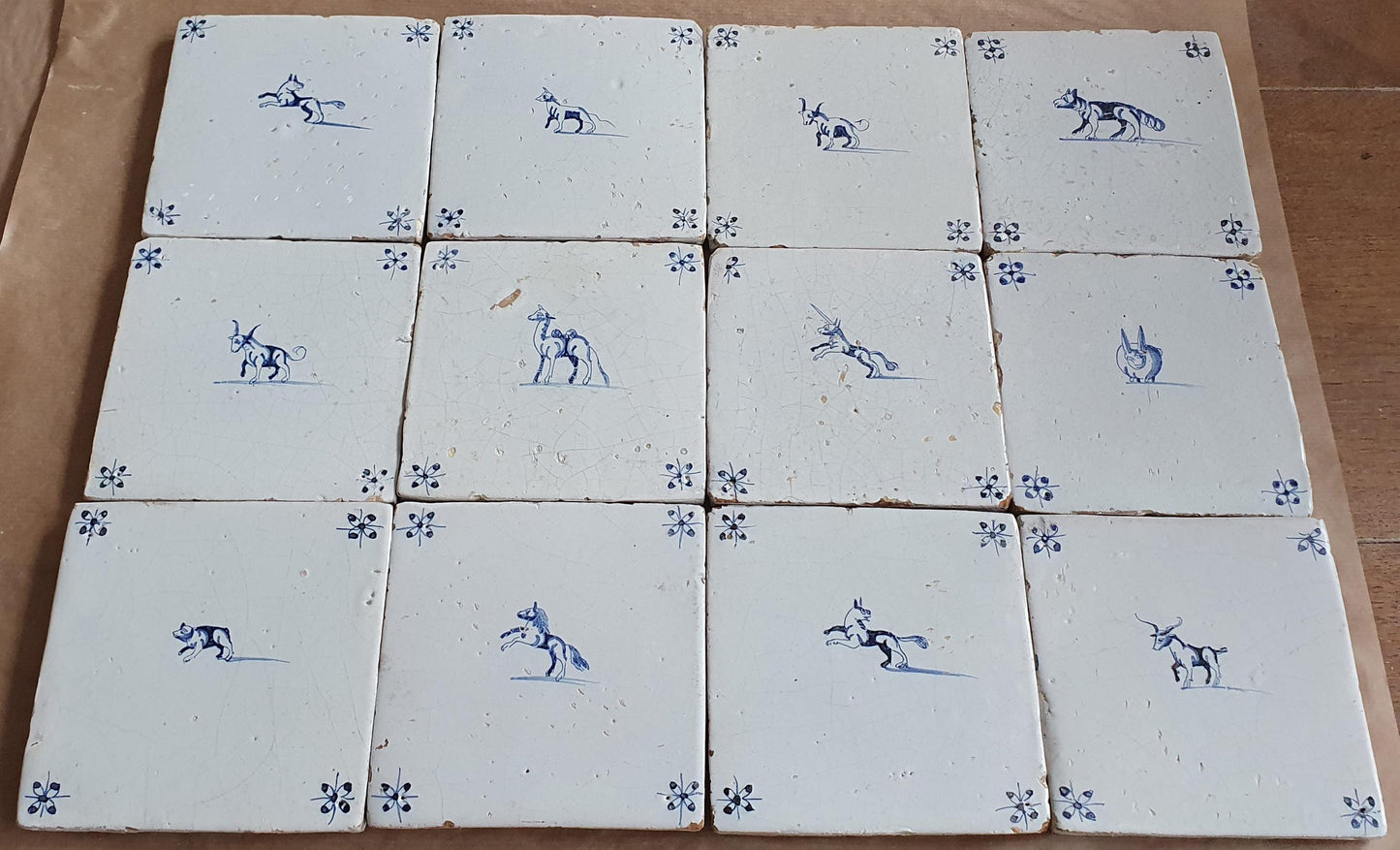 Antique Delft Tiles, 17th Century Dutch Animal Motifs, Set of 12