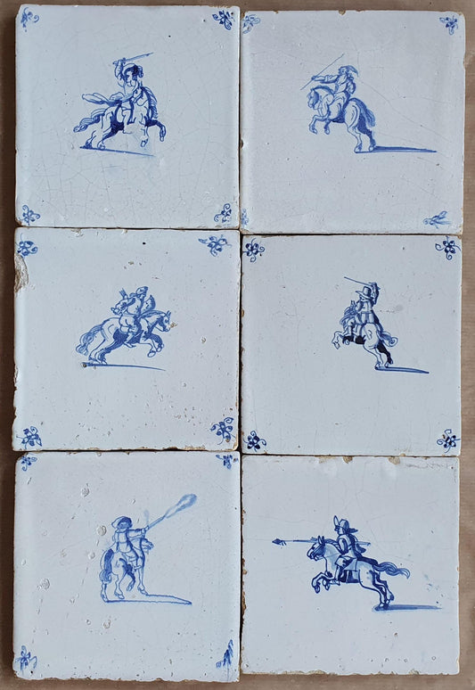 Antique Dutch Delft Tiles, 17th Century Horsemen Design, Set of 6