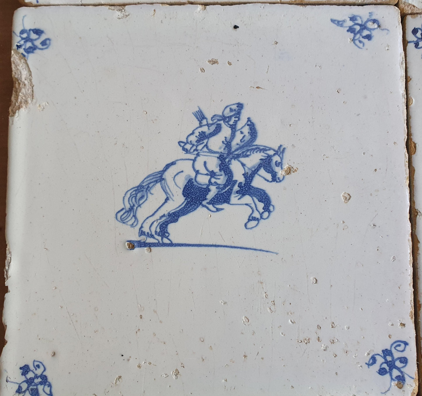 Antique Dutch Delft Tiles, 17th Century Horsemen Design, Set of 6