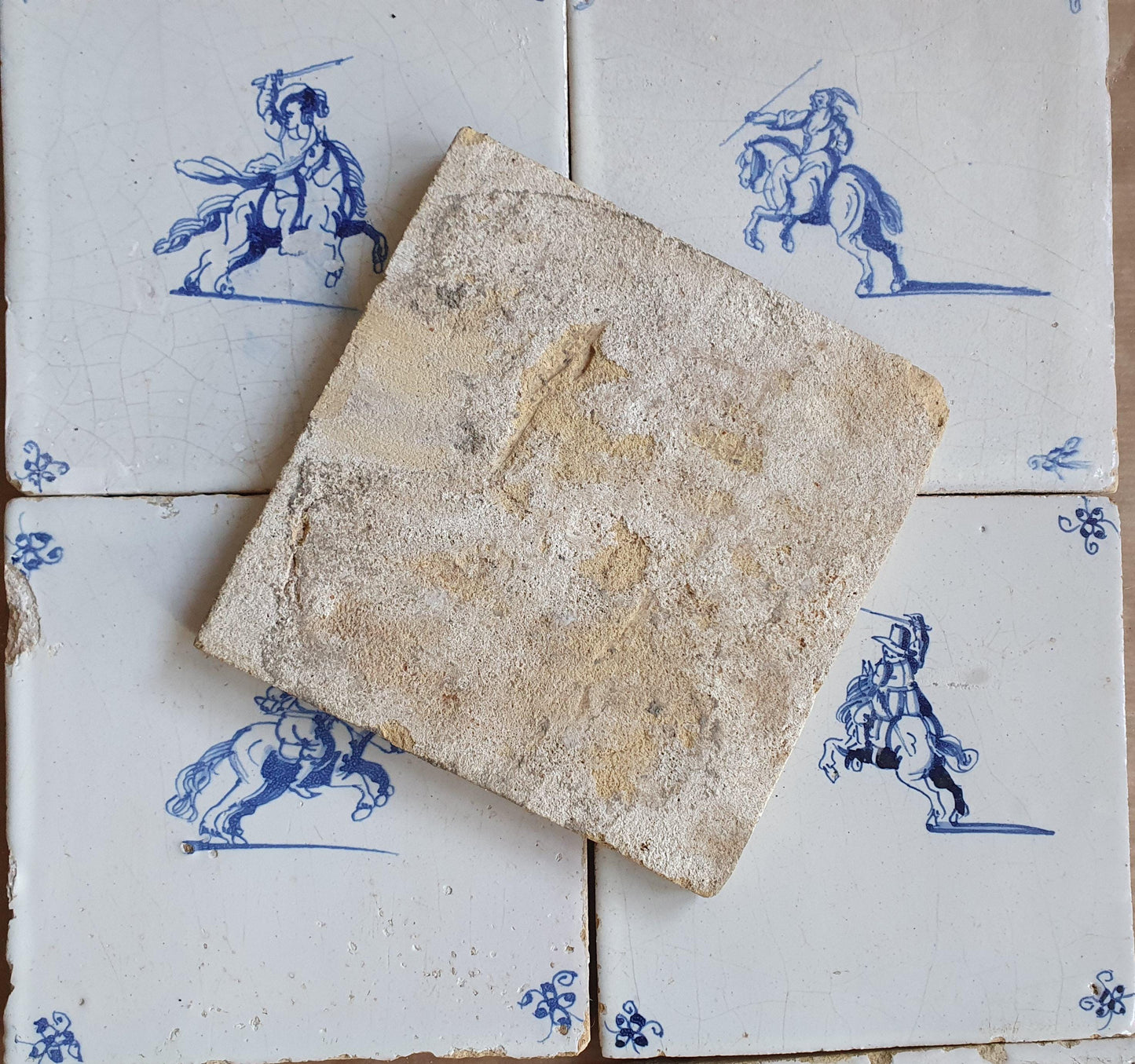 Antique Dutch Delft Tiles, 17th Century Horsemen Design, Set of 6