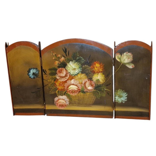 Hand Painted Floral Tabletop Room Divider, Lacquered Wood Screen (60cm)
