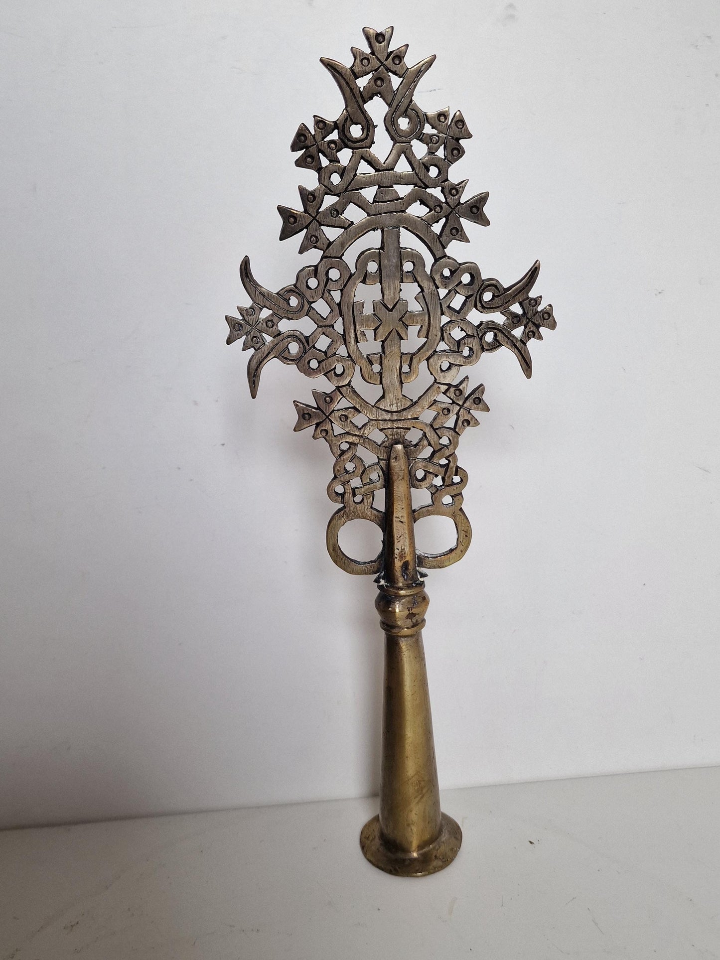 Antique Ethiopian Stick Hand Cross – 19th Century Processional Cross, Bronze/Brass Christian Art