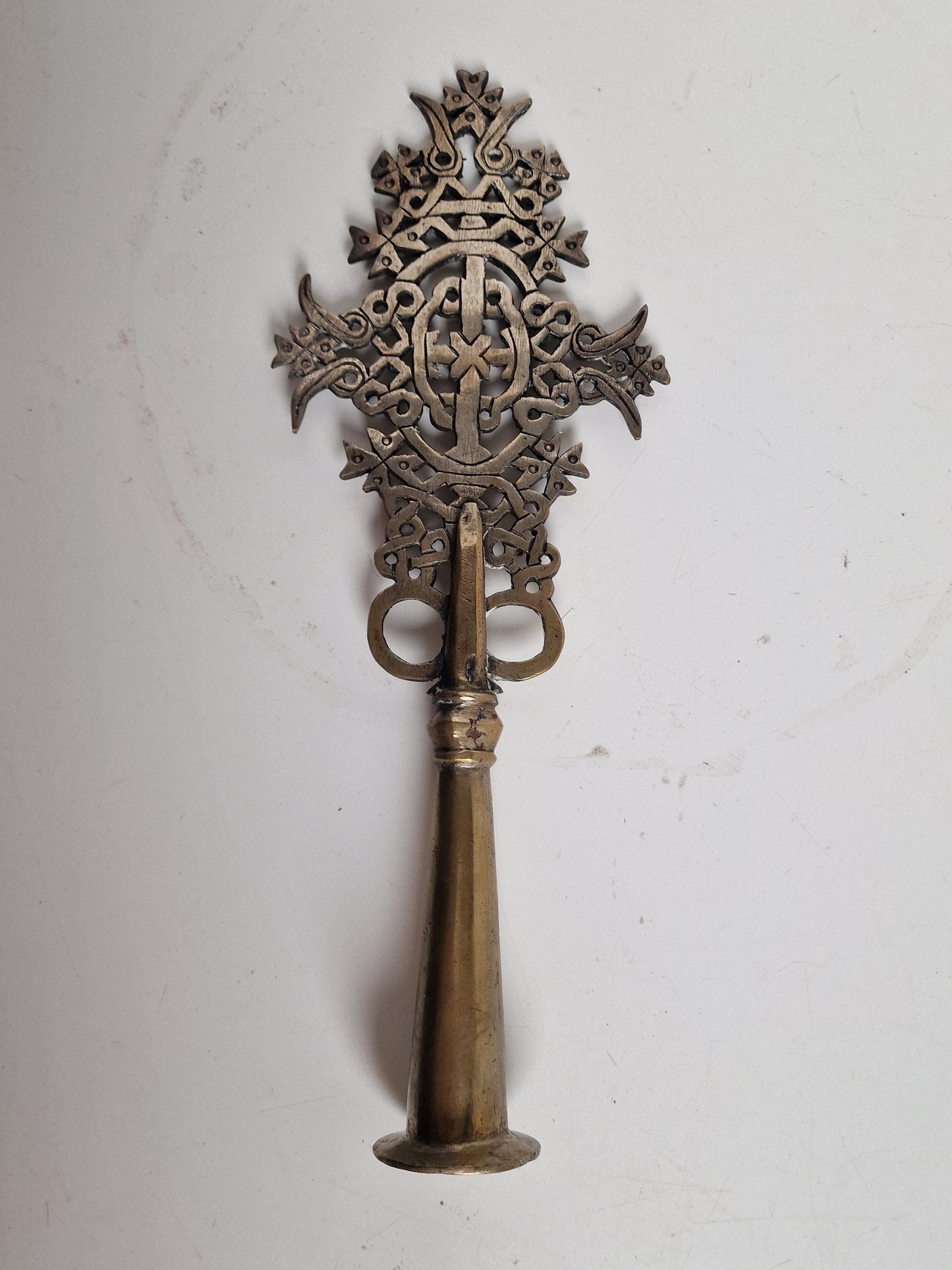 Antique Ethiopian Stick Hand Cross – 19th Century Processional Cross, Bronze/Brass Christian Art