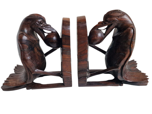 Art Deco Bird Bookends, Carved Coromandel Wood, Colonial Indonesia