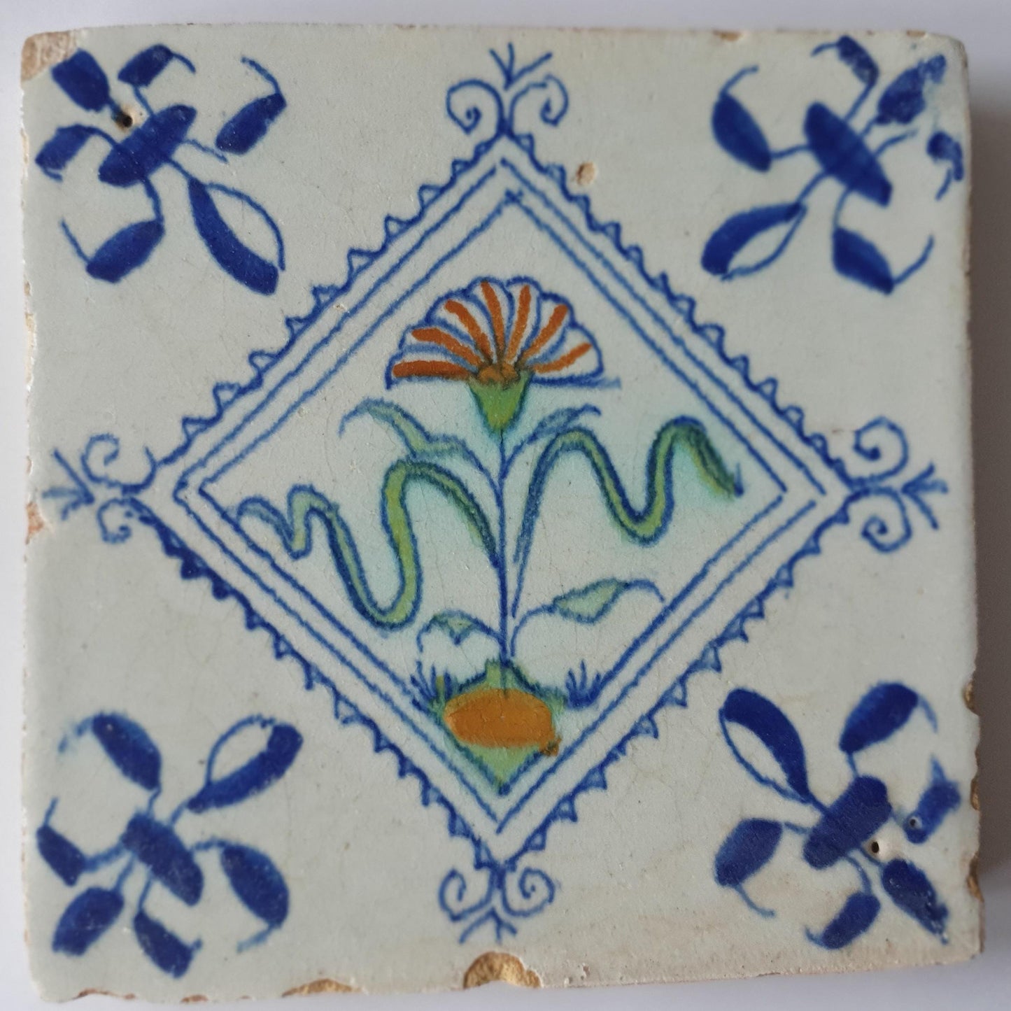 Antique Delft Tile, Blue Flower, 1640 Dutch Polychrome