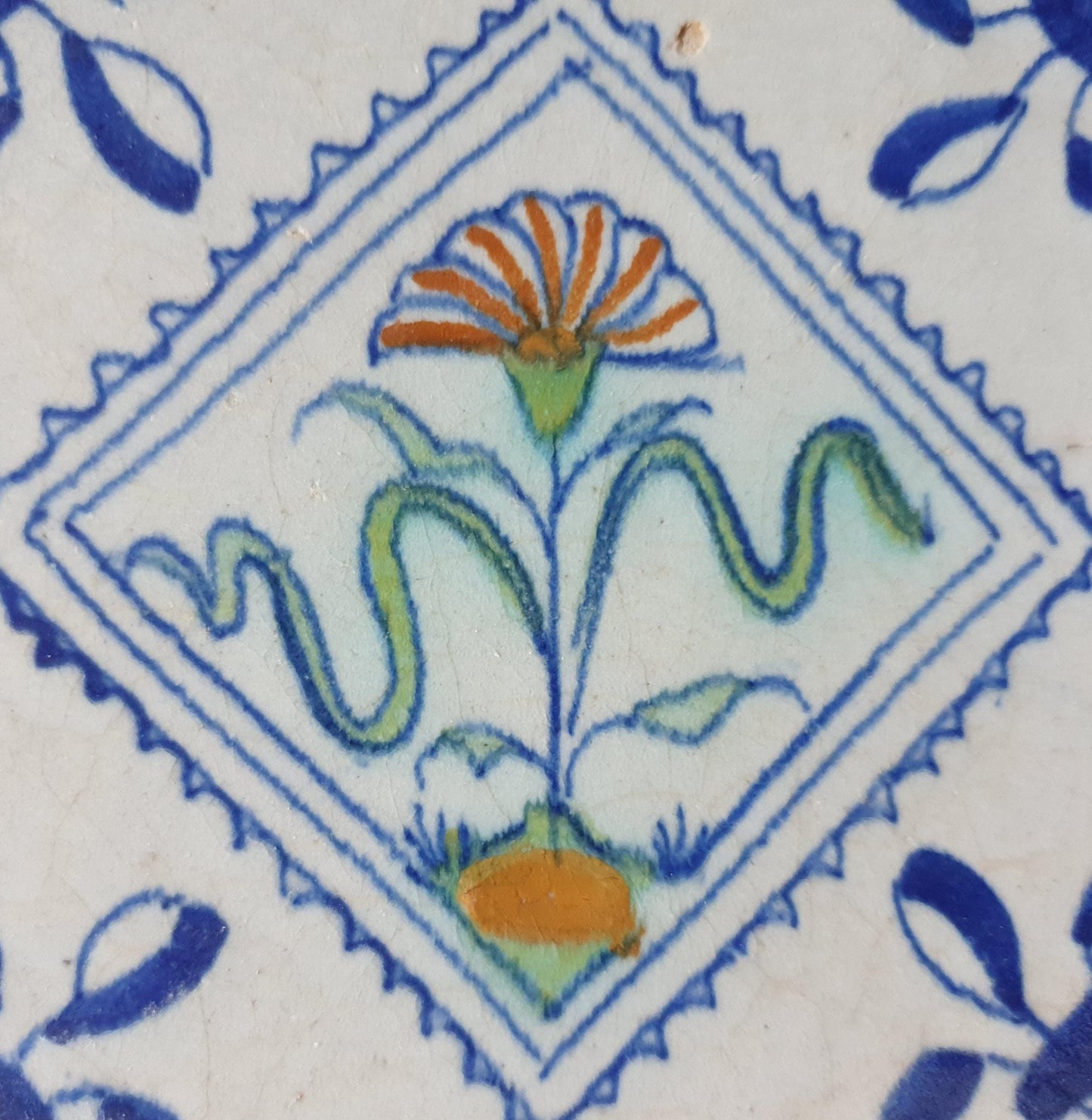 Antique Delft Tile, Blue Flower, 1640 Dutch Polychrome