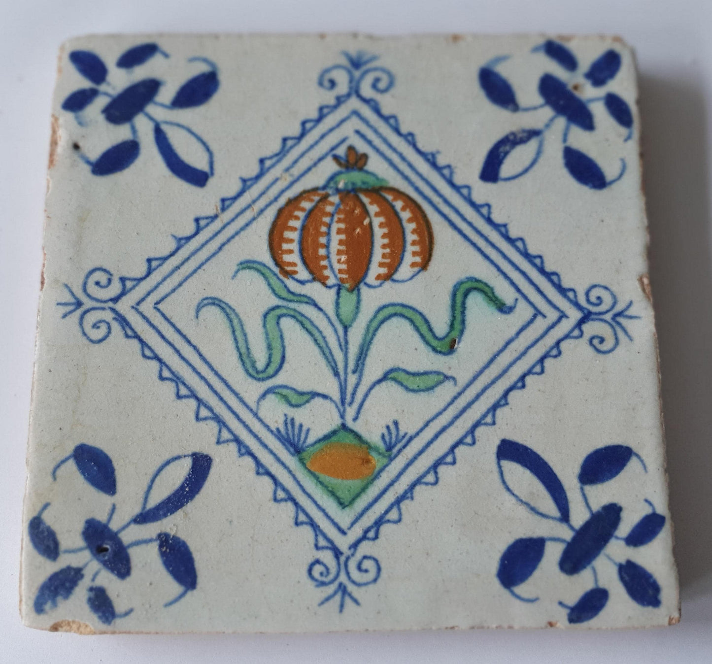 Antique Delft Tile, 1640 Floral Polychrome, Framed Decor