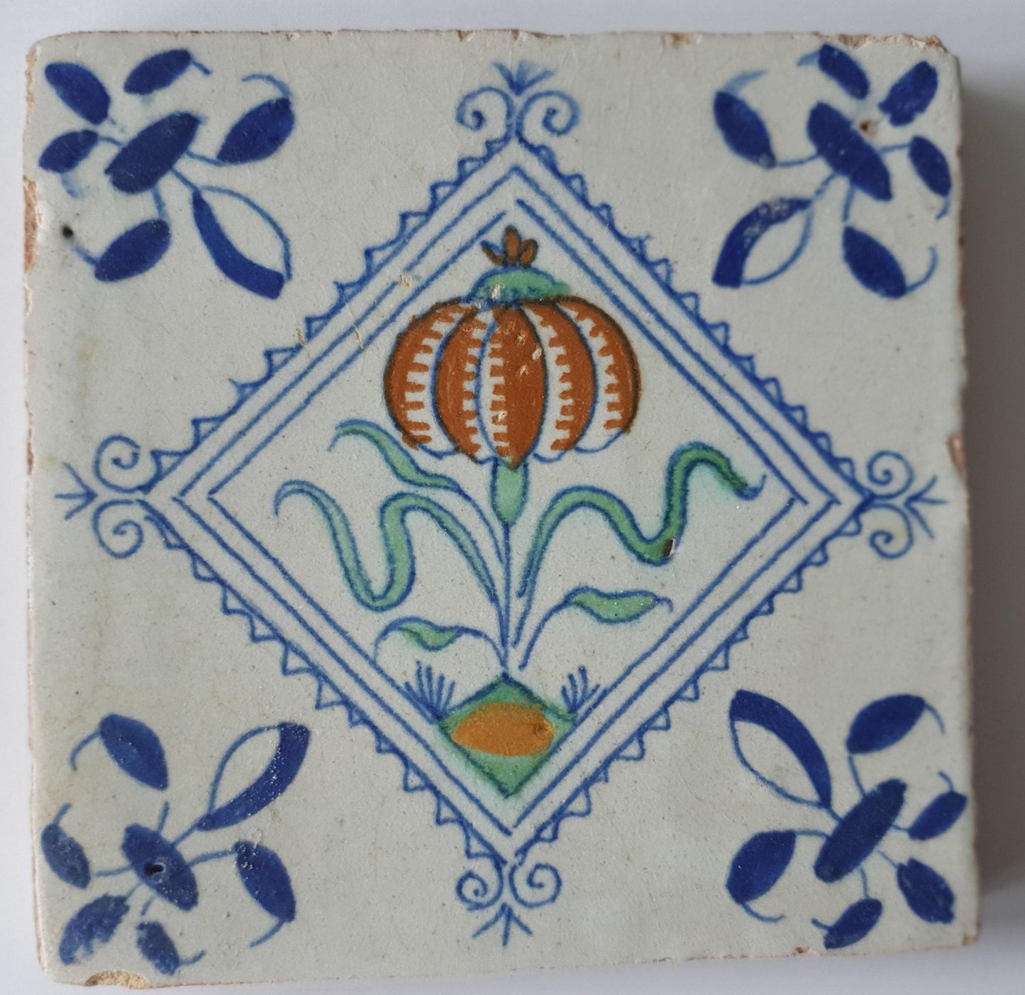 Antique Delft Tile, 1640 Floral Polychrome, Framed Decor