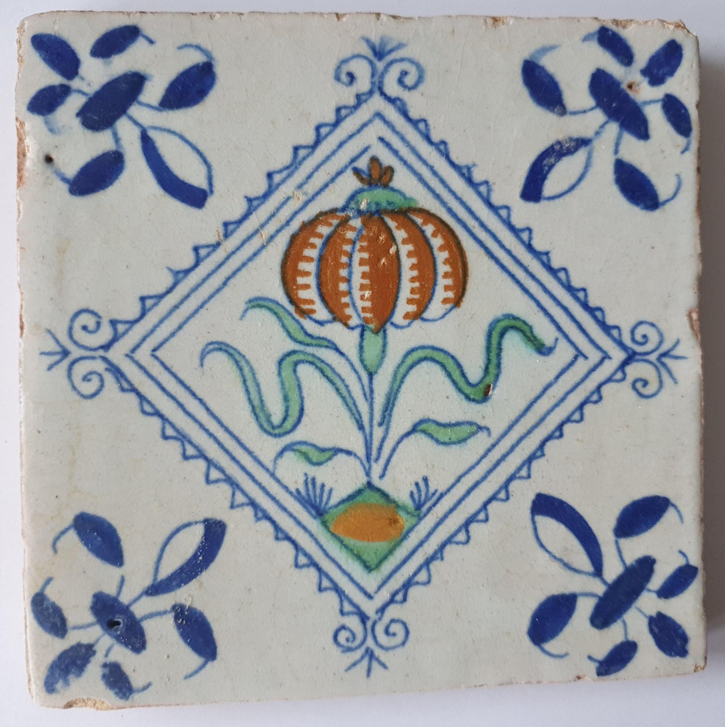 Antique Delft Tile, 1640 Floral Polychrome, Framed Decor