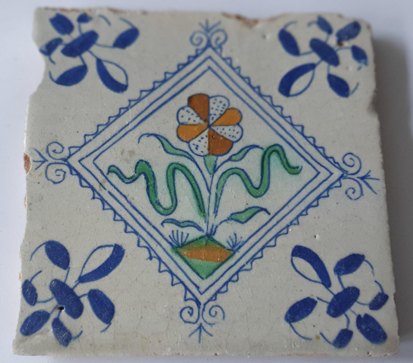 Antique Delft Tile, Floral Polychrome, 1640