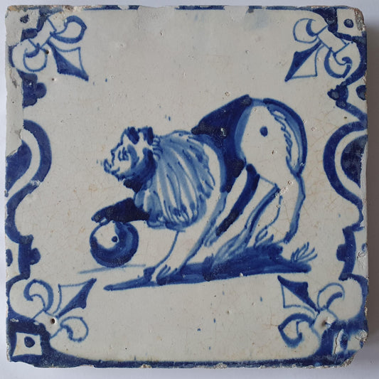 Antique Delft Tile, 17th Century Dutch Lion, Lily Corner