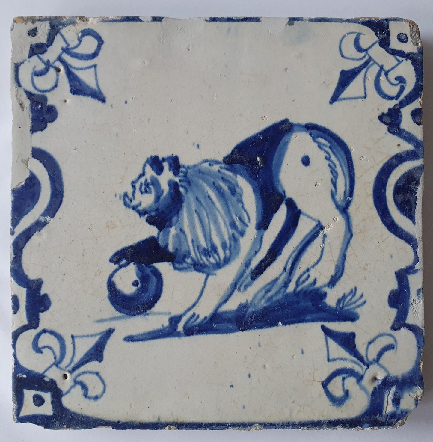 Antique Delft Tile, 17th Century Dutch Lion, Lily Corner