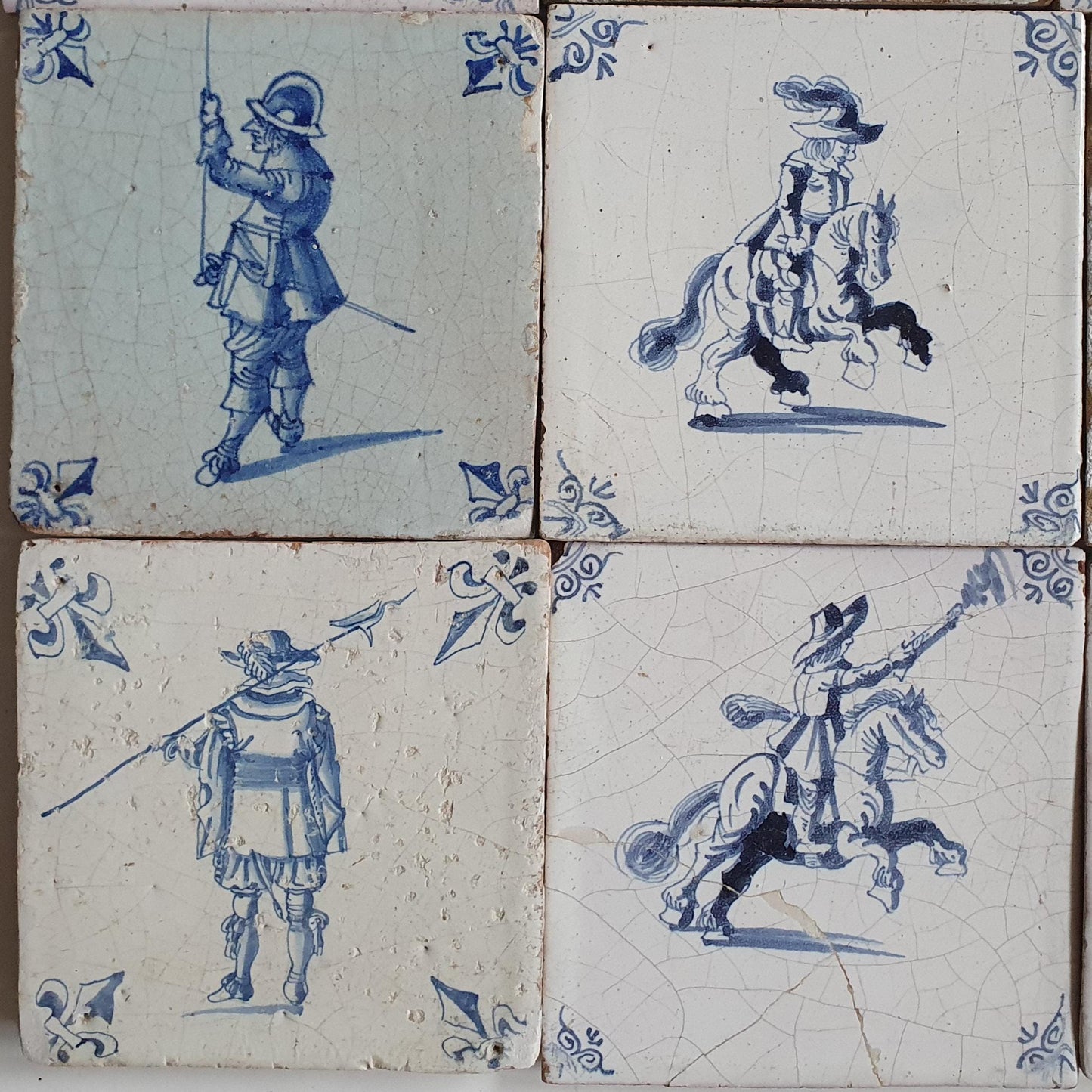 Antique Delft Tilefield, 17th Century Dutch Rider Motive